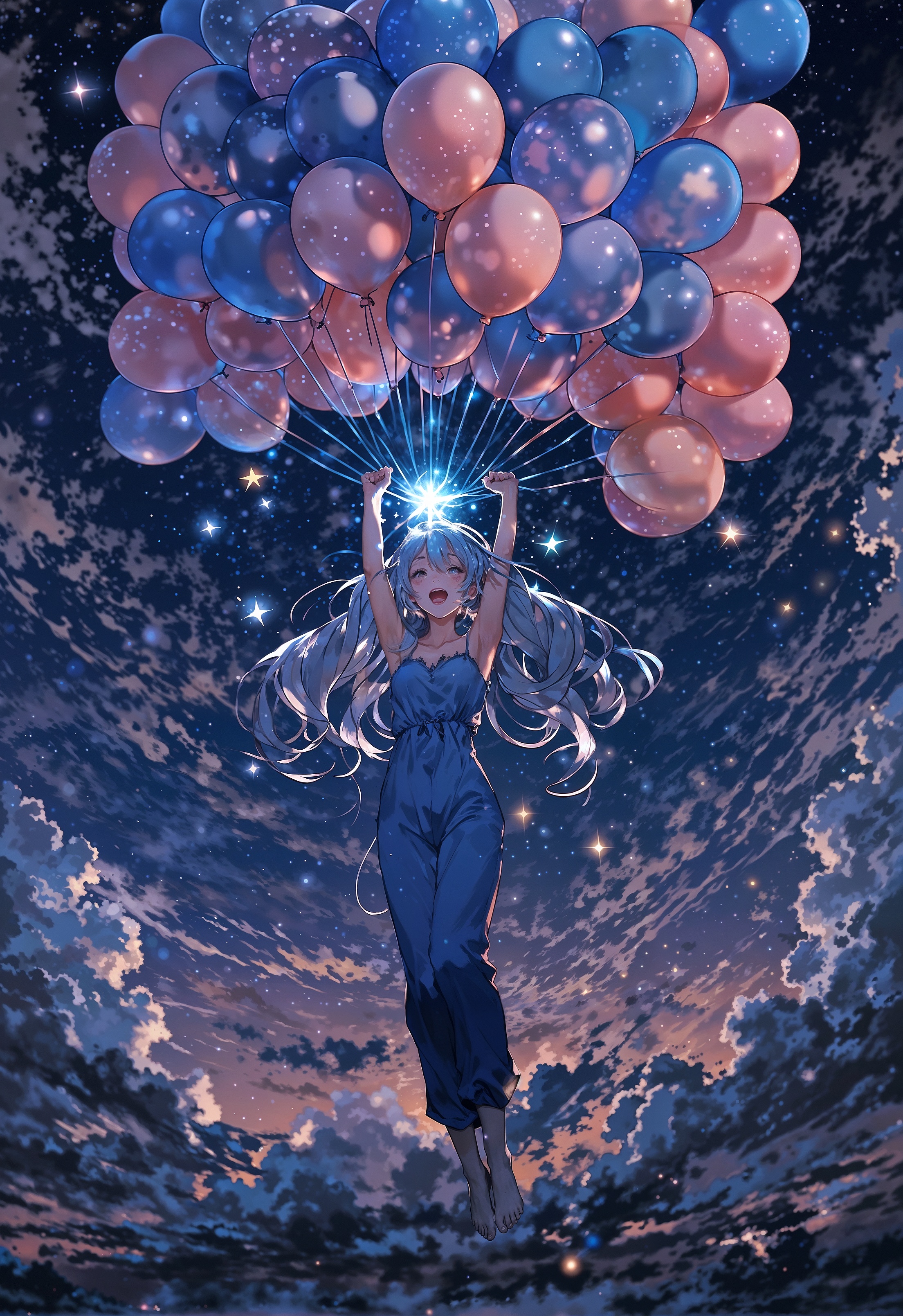 SD XL prompt: A gorgeous anime woman wearing a jumpsuit being held a float by many balloons, s...