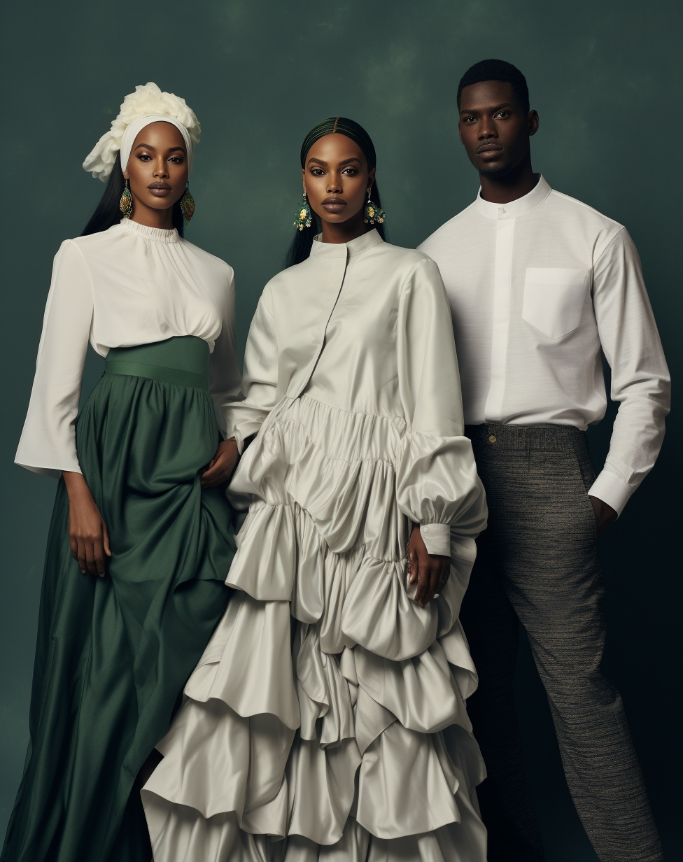 Midjourney prompt: A photo of four African models wearing modern and luxurious outfits, posing for ...
