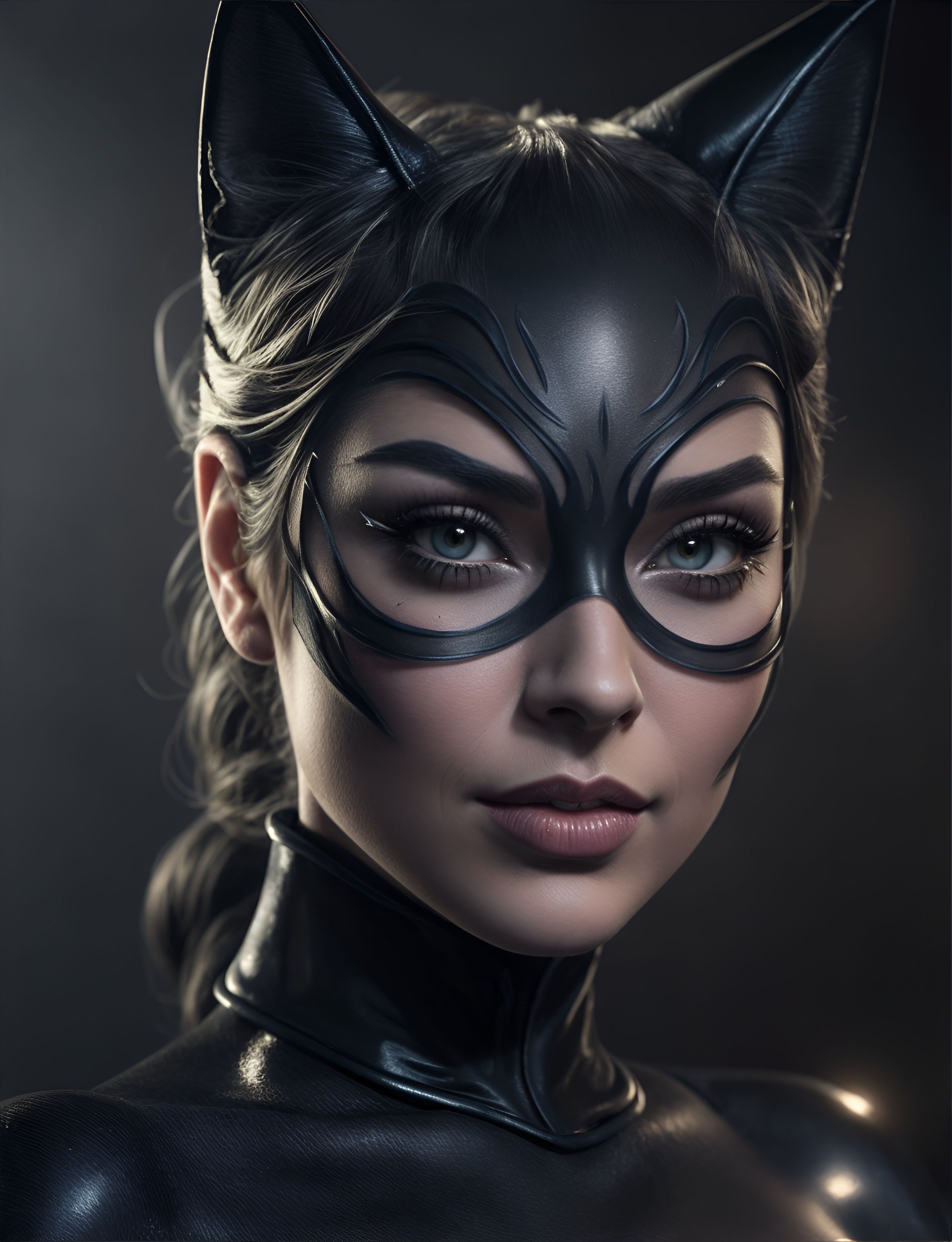 Midjourney prompt: A photogenic portrait of Elsa as Catwoman, her costume and makeup illuminated by...