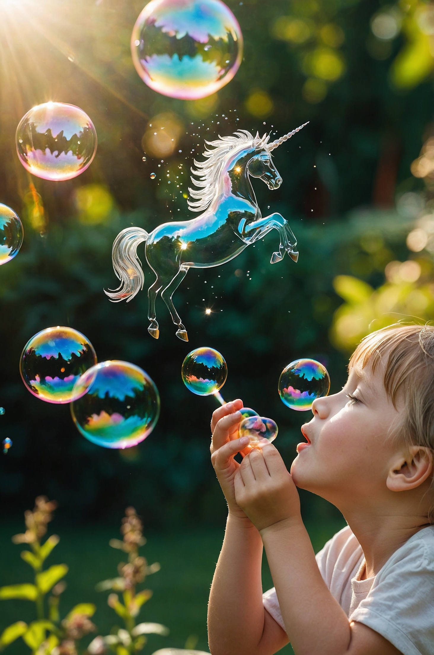 SD XL prompt: A captivating cinematic photo of a boy joyfully vibrant soap bubbles, each one c...