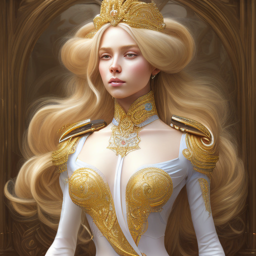 Openjourney prompt: portrait of a humanoid princess with long blonde hair, standing next to a beauti...