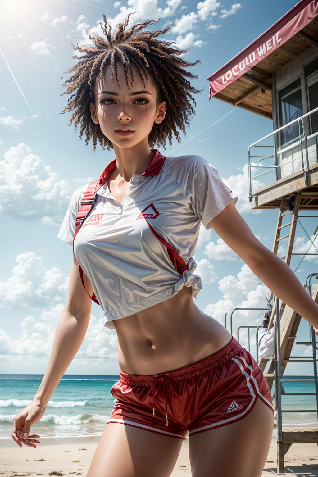 UnstableInkDream prompt: 1girl, (full body), (action shot), (dynamic pose), (a girl as a lifeguard wearin...