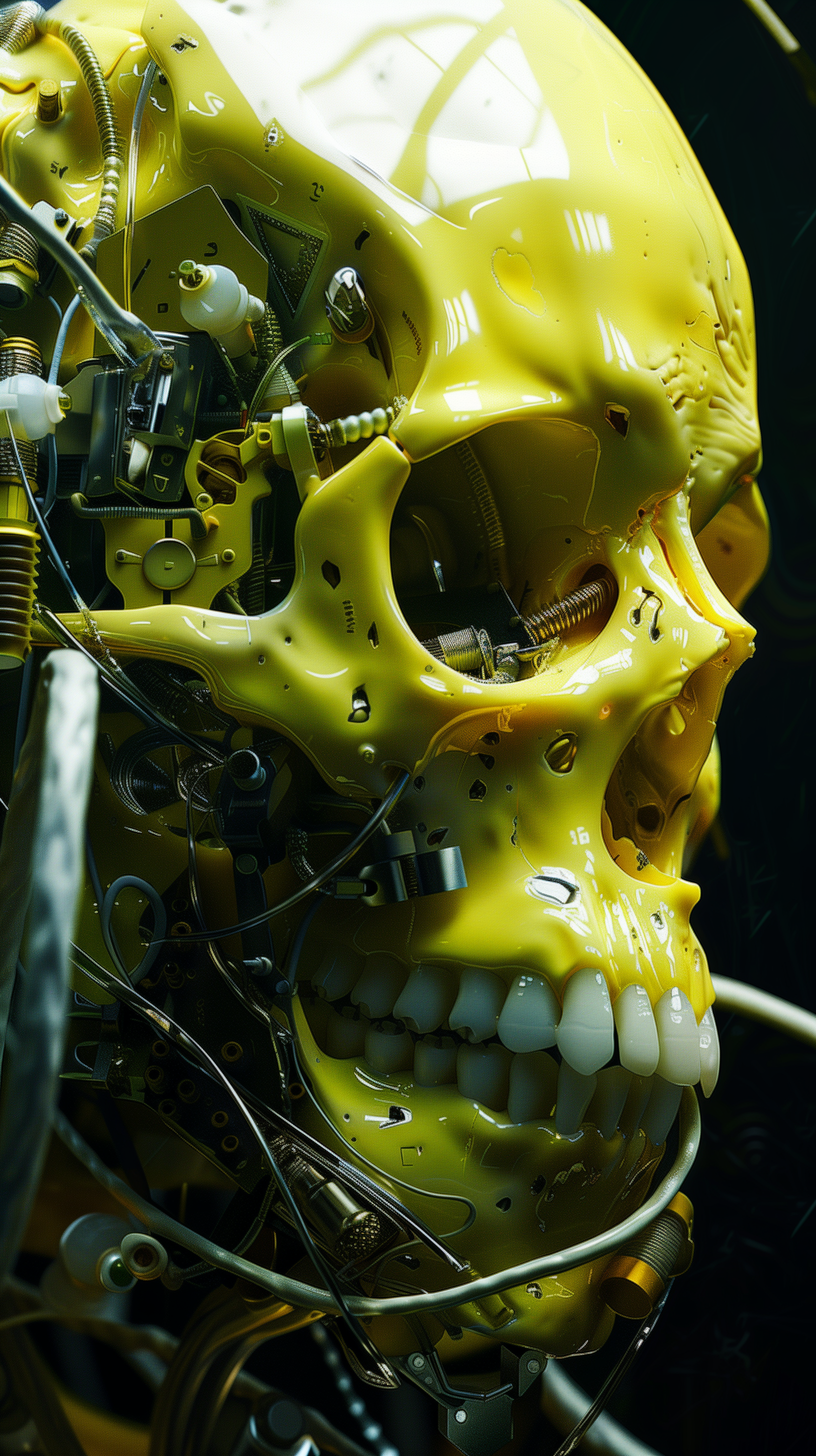 Midjourney prompt: highly detailed image of a yellow fluorescence color cybernetic skull, combining...