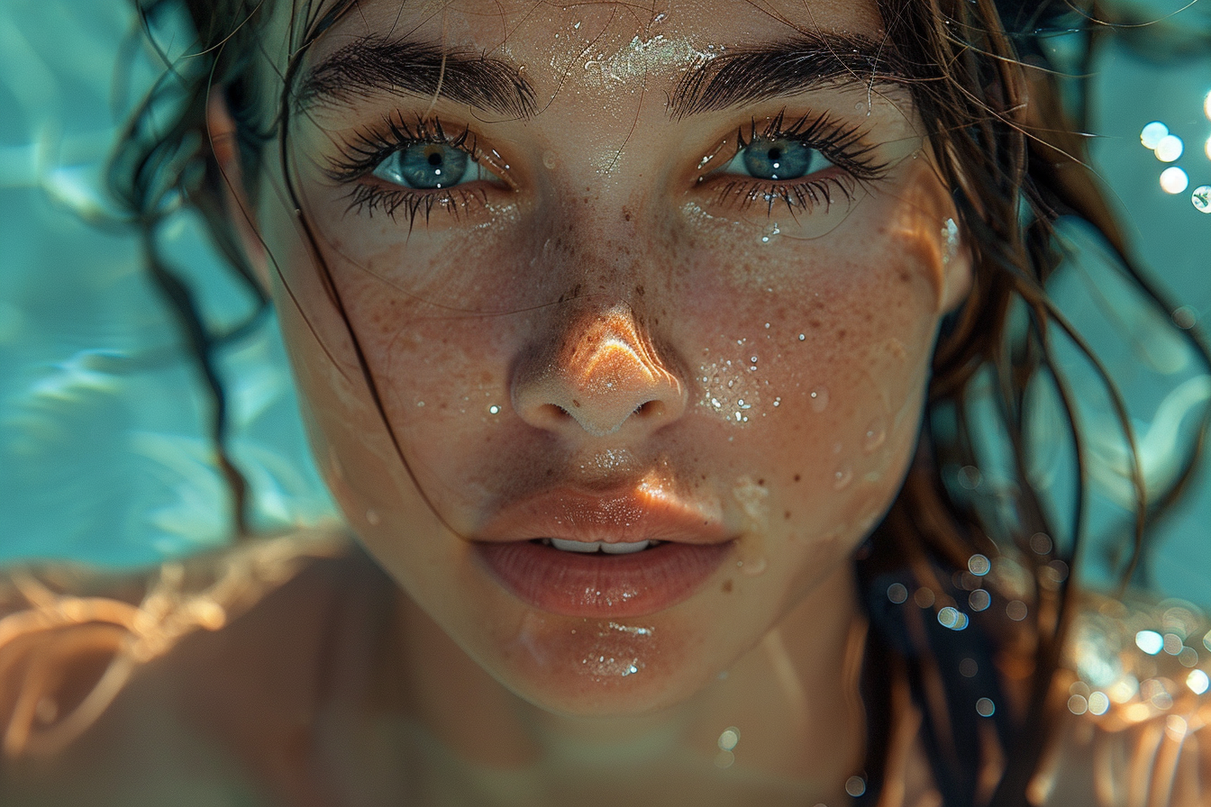 Midjourney prompt: woman with long hair near the turquoise Mediterranean sunny sea, in the style of...