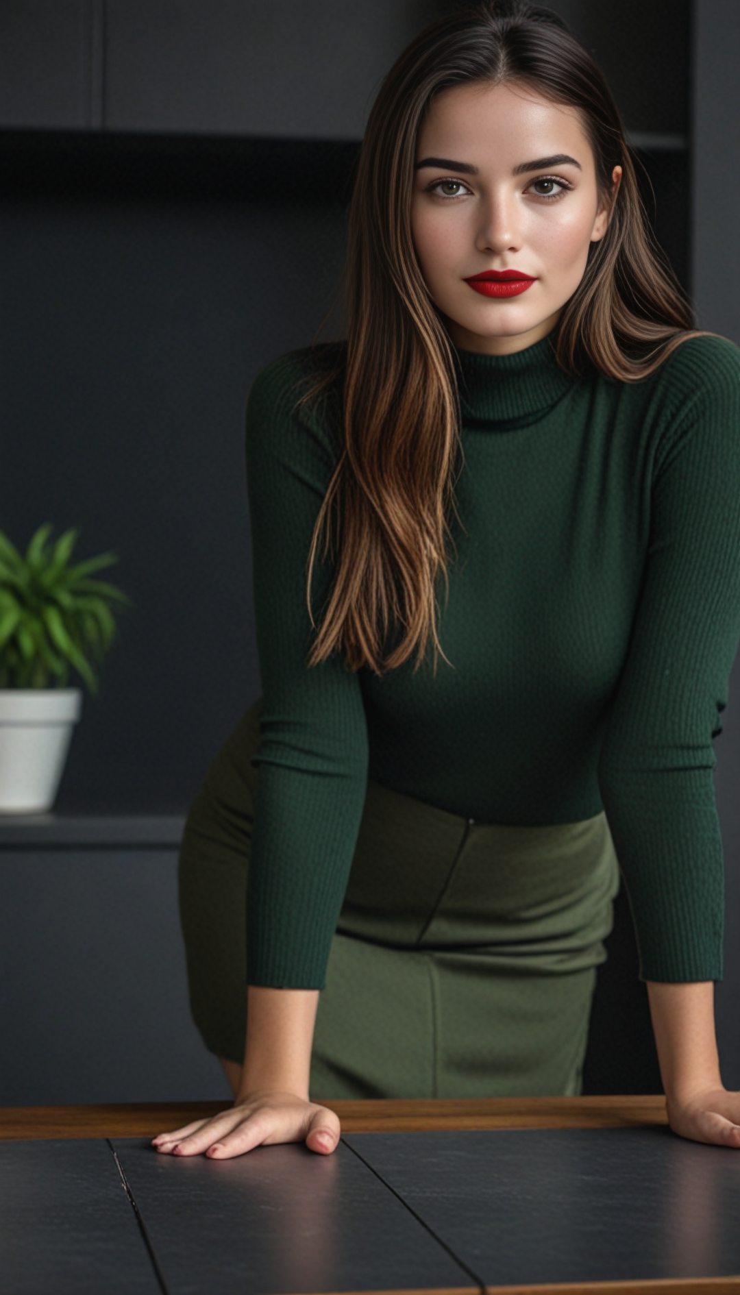 Juggernaut XL prompt: A confident woman with fair skin, red lipstick, and long brown hair, wearing a d...