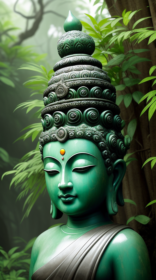 Deliberate prompt: buddha in a halo of green leaves, [(old white marble:1.1): old jade], deity, wis...