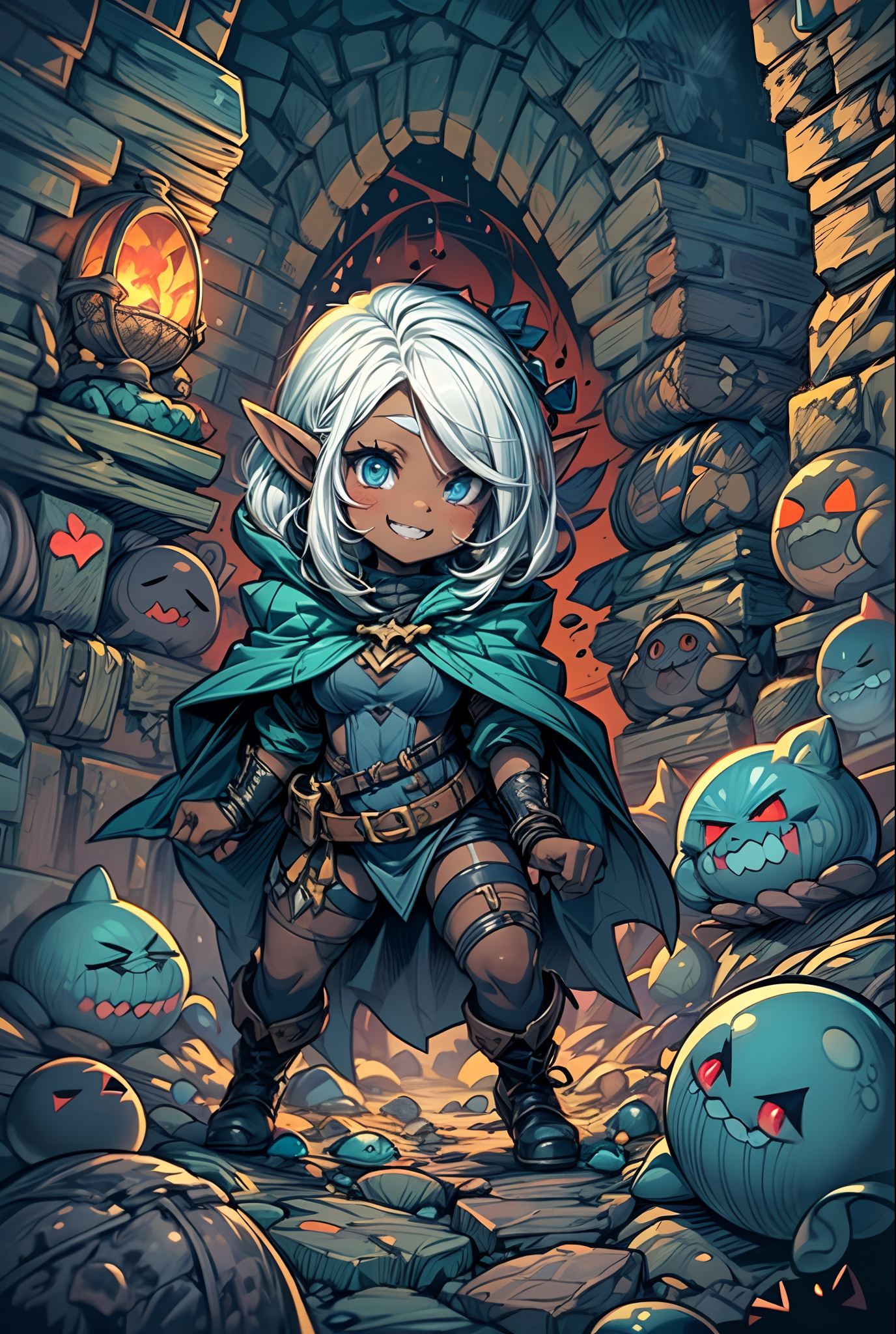 Stable Diffusion prompt: Very detailed illustration of a cute female thief, drow elf, white hair, ((dark ...