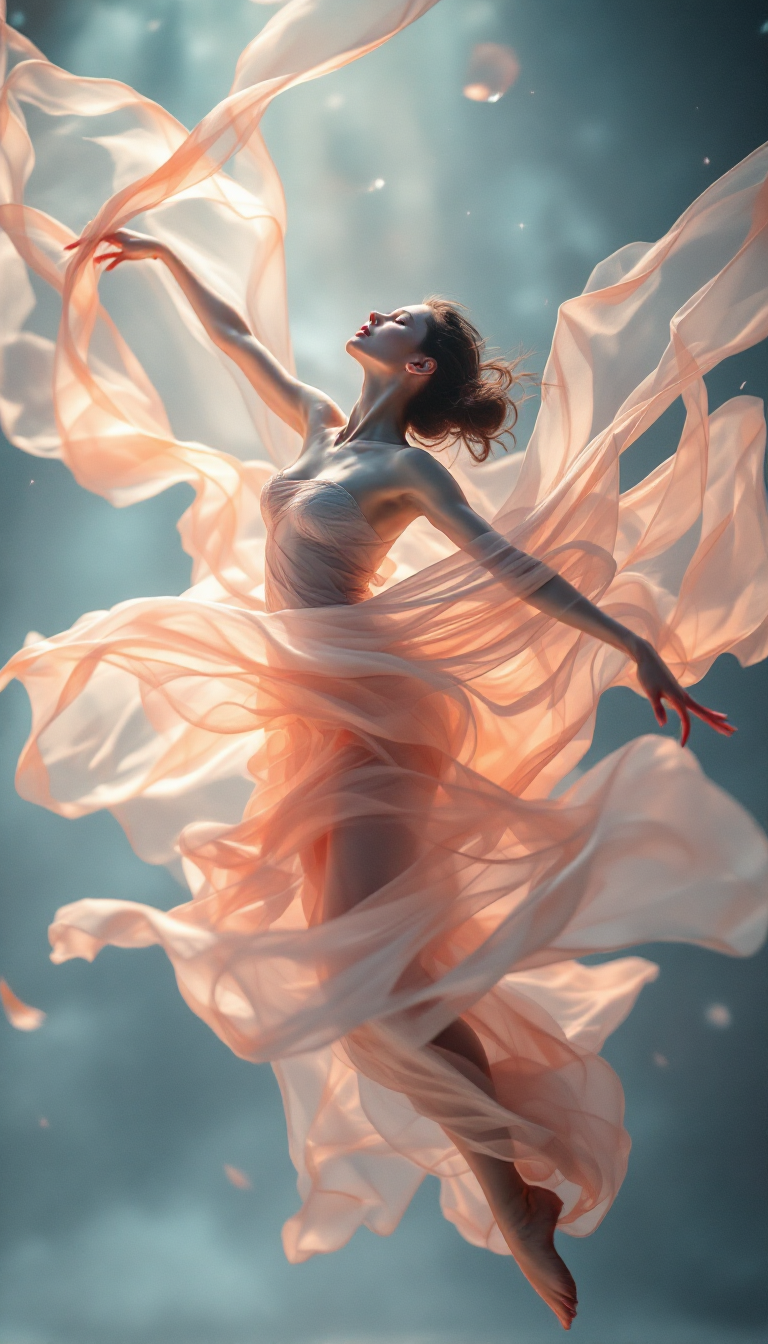 FLUX prompt: A **surreal, dreamlike portrait** capturing the **ethereal beauty of a dancer mi...