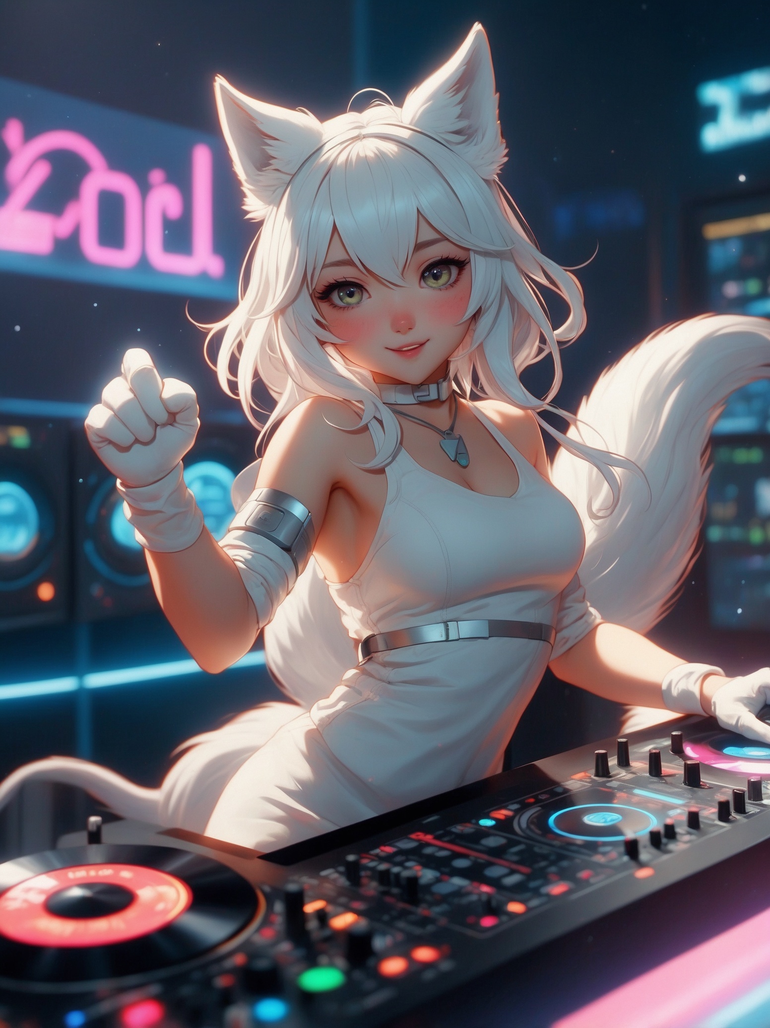 SD XL prompt: No People in the background, white fox, thick tail, cat ears, 20s, DJing, machin...