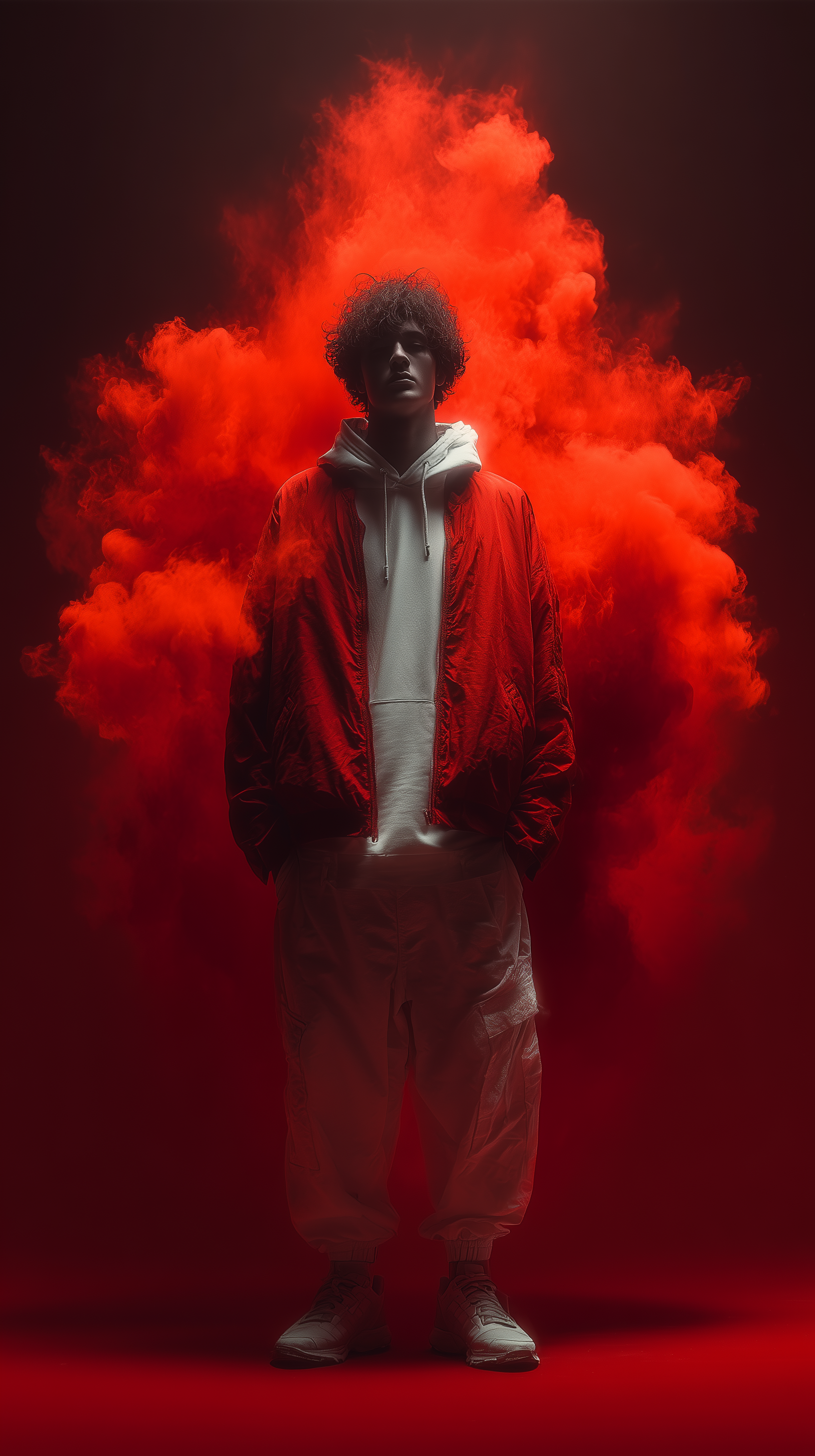 Midjourney prompt: fashion photography, front central full-length shot, male model, vibrant red col...
