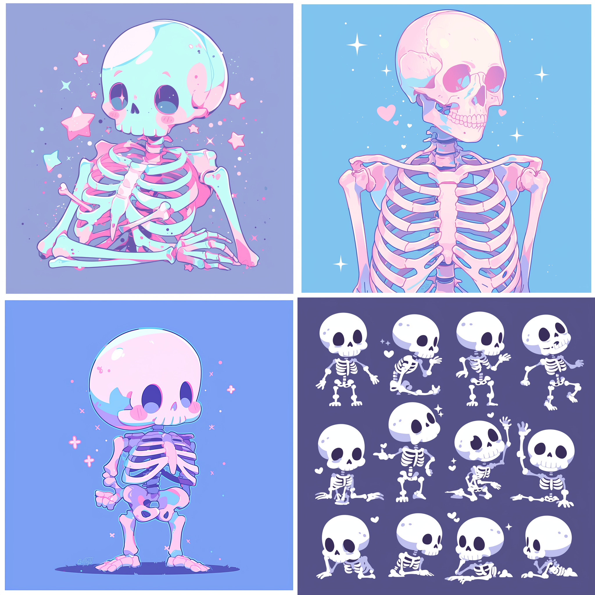 Midjourney prompt: A cute human full body skeletons in pastel hues, inspired in the style of greeti...