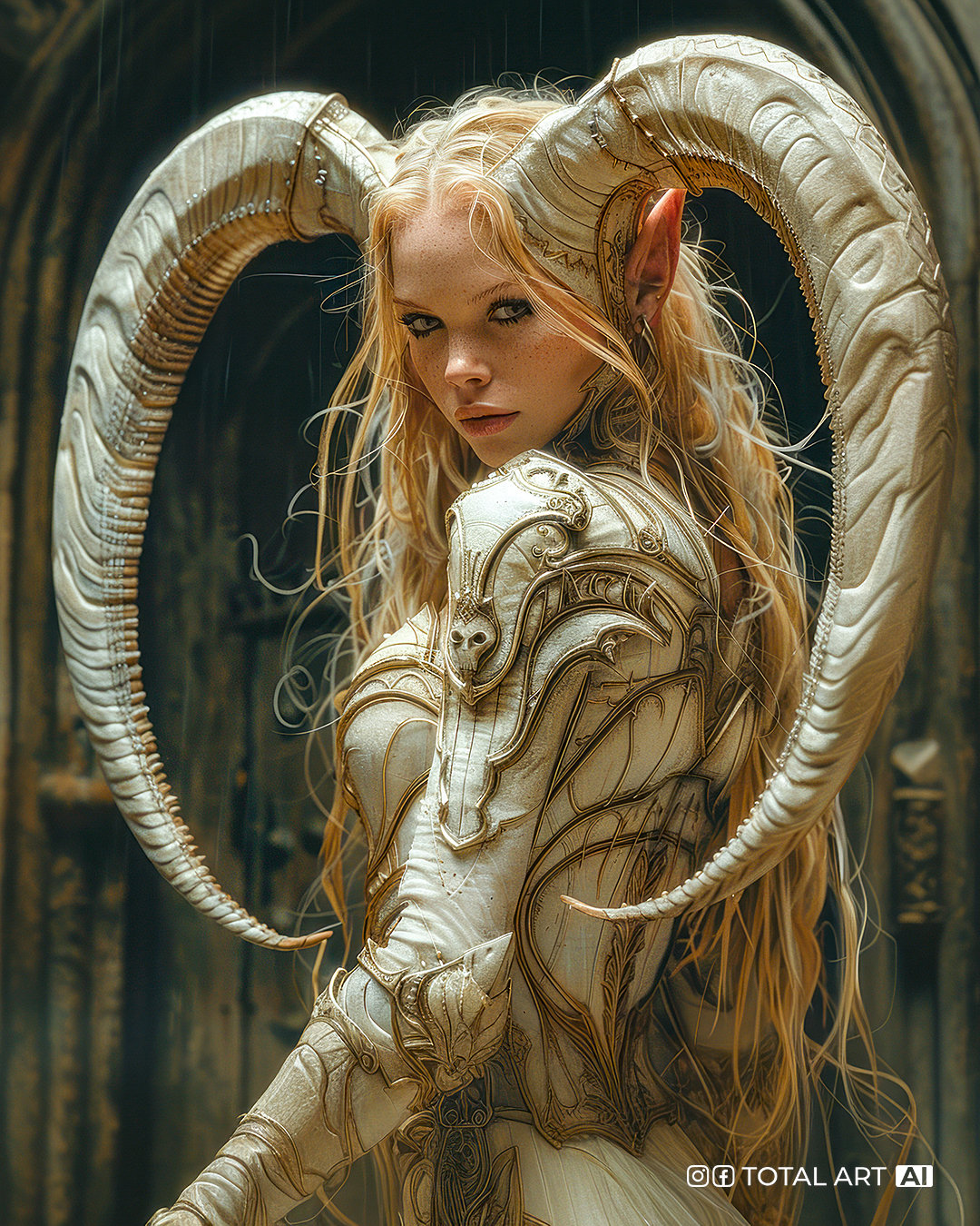 Midjourney prompt: Full body from behind, looking over her shoulder, glamorous kitsch, high quality...