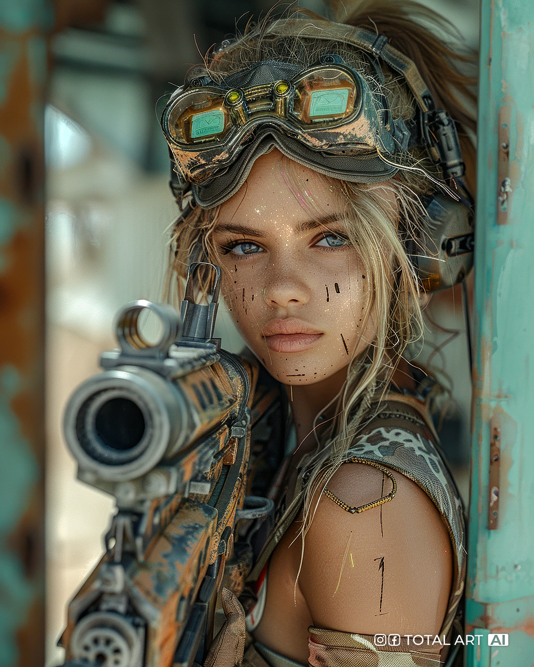 Midjourney prompt: Young beautiful redneck soldier woman with cybernetic goggles and sleeveless cam...