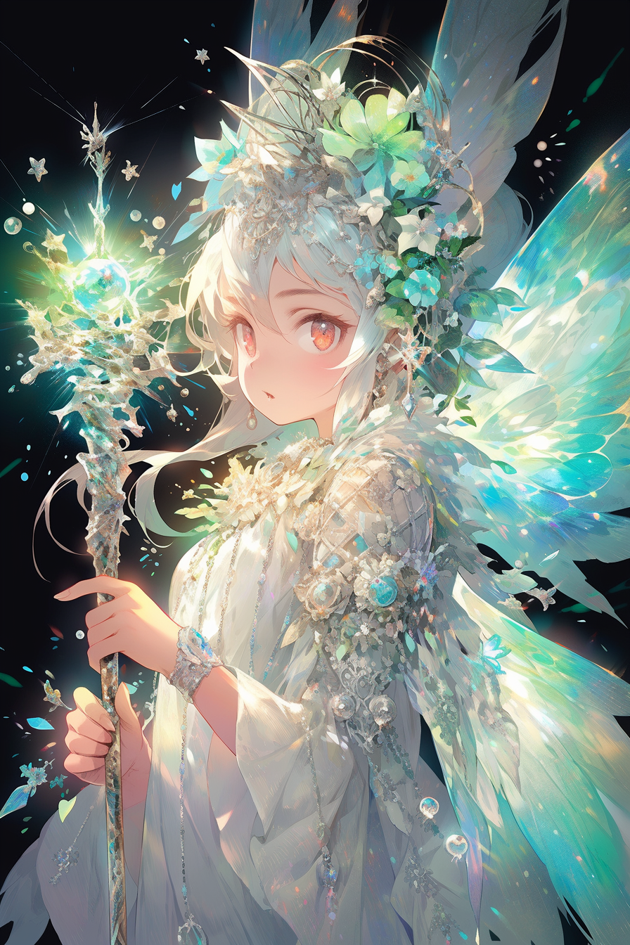 Midjourney prompt: A mystical fairy in shimmering crystal wings, holding flower patterned wand, spa...