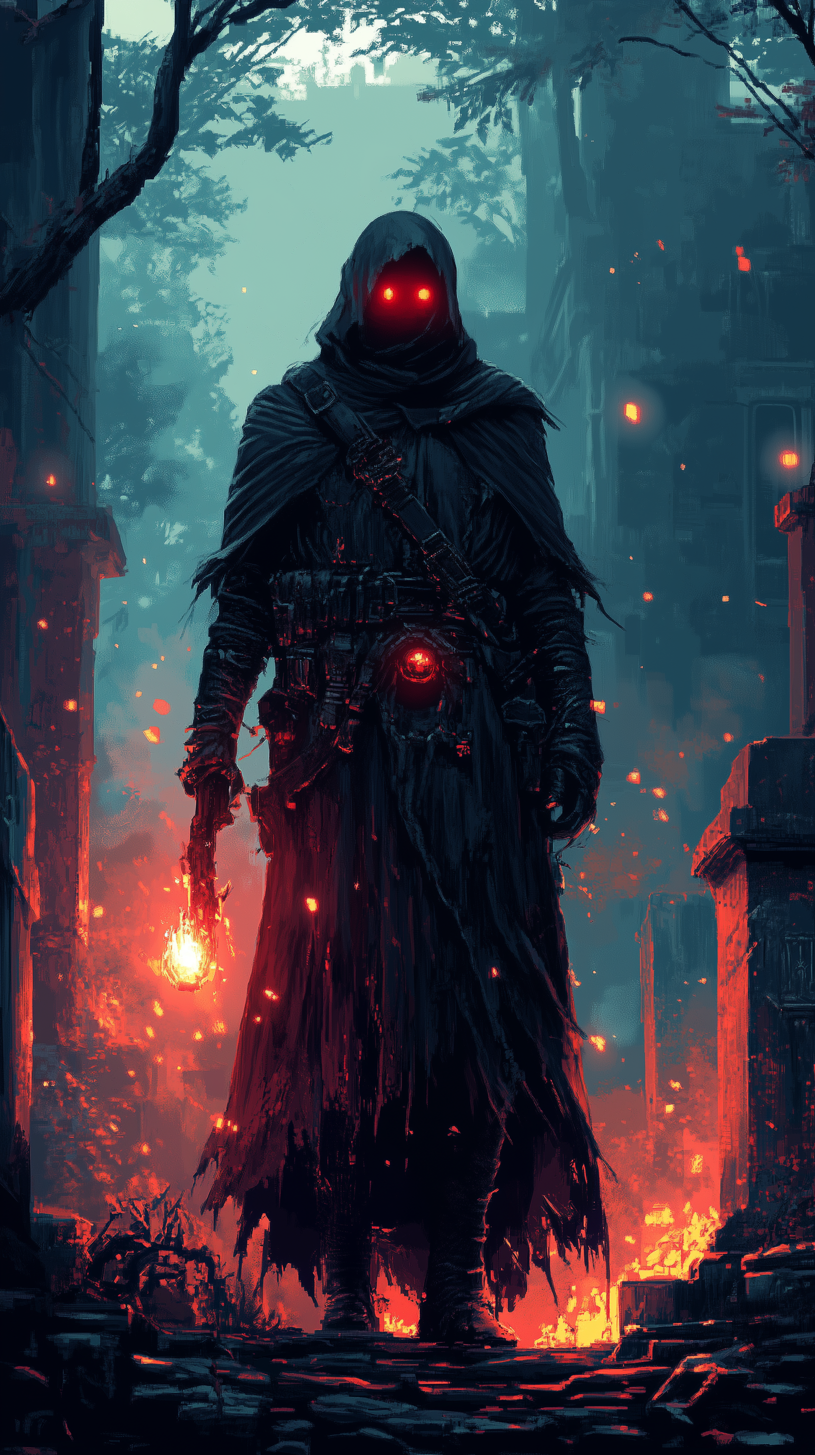 Midjourney prompt: 8-bit pixel, character, dark warlock, black robes, red eyes, standing in a curse...