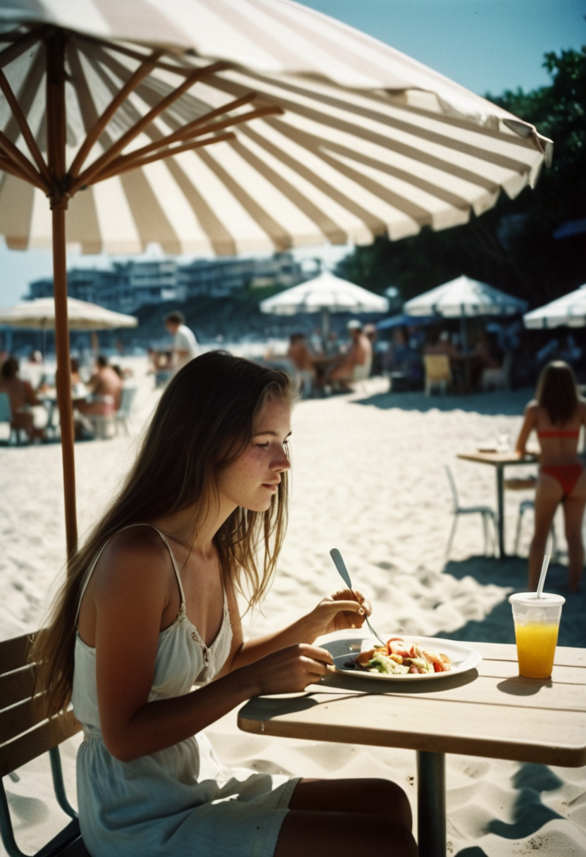 Stable Diffusion prompt: This is a candid, analog film photograph, from the side, of a woman with long ha...