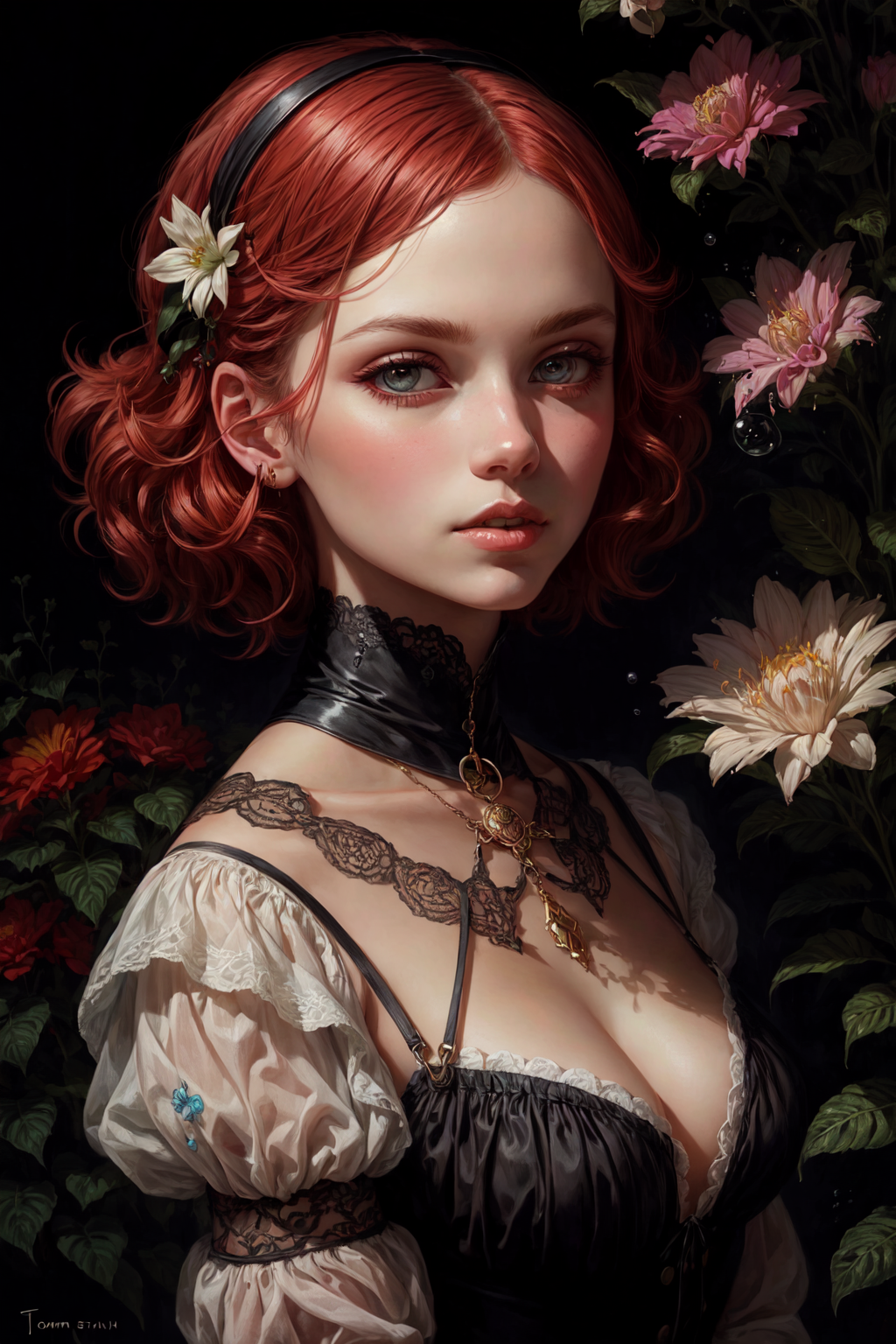 UnstableInkDream prompt: portrait of Victorian 80s punk woman with red hair, a splash of pastel colors, p...