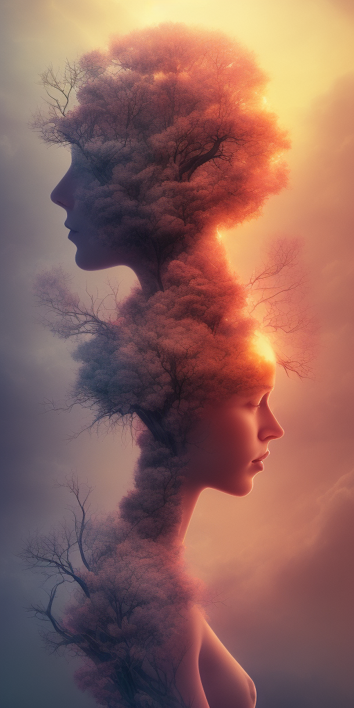 Openjourney prompt: Nature exploding out a humans head, trees, flowers, mountain, sunset, nature min...