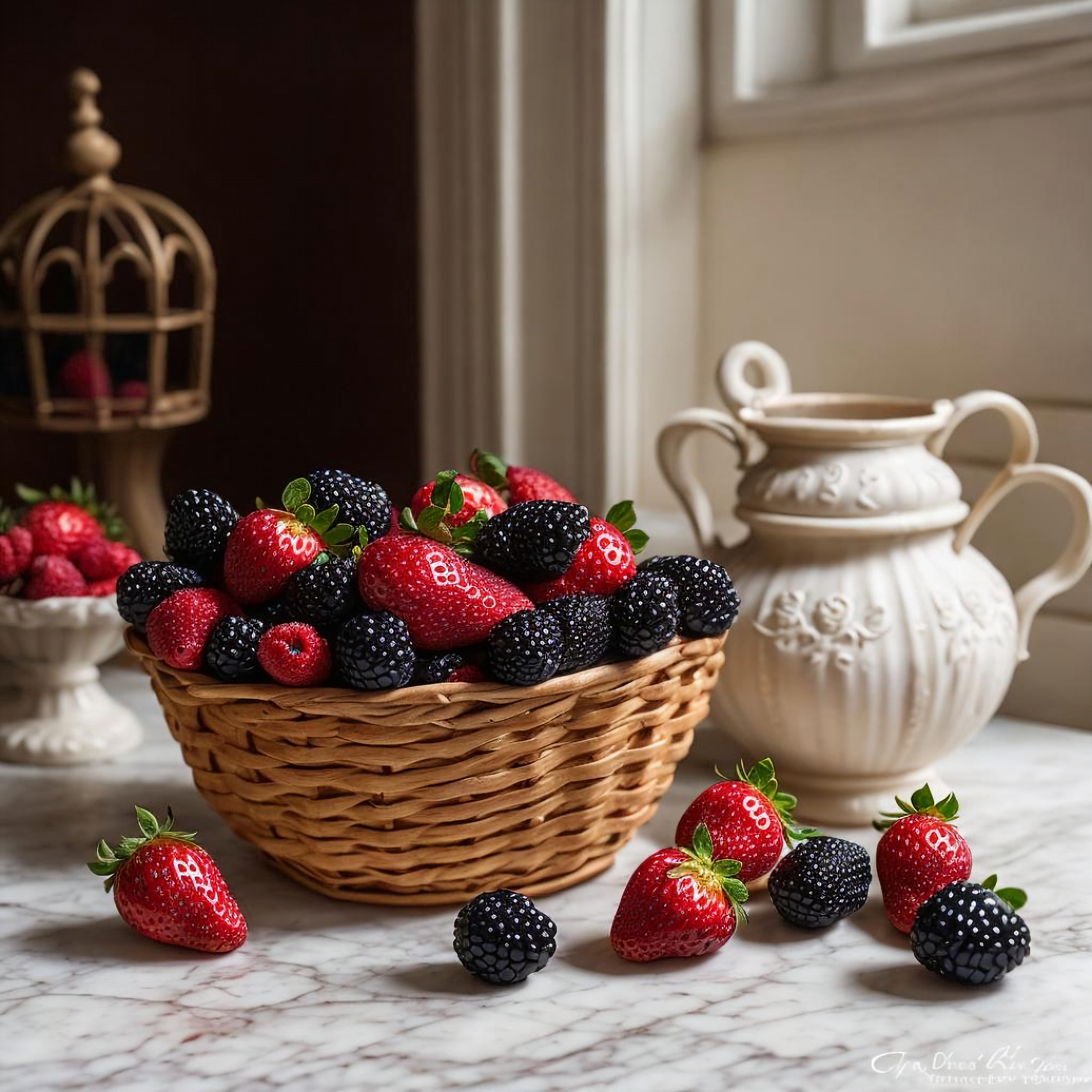 Stable Diffusion prompt: Victorian basket of berries: strawberry, blackberry and cranberry, extremely det...