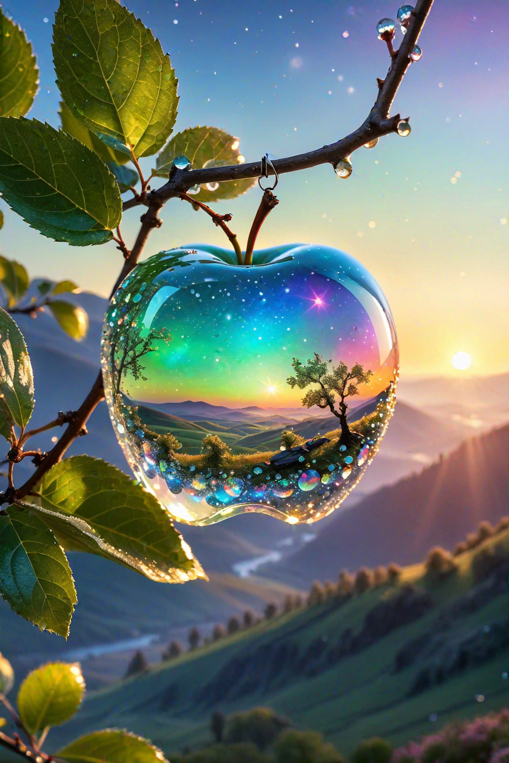 Stable Diffusion prompt: a delicate apple made of opal hung on branch in the early morning light, adorned...