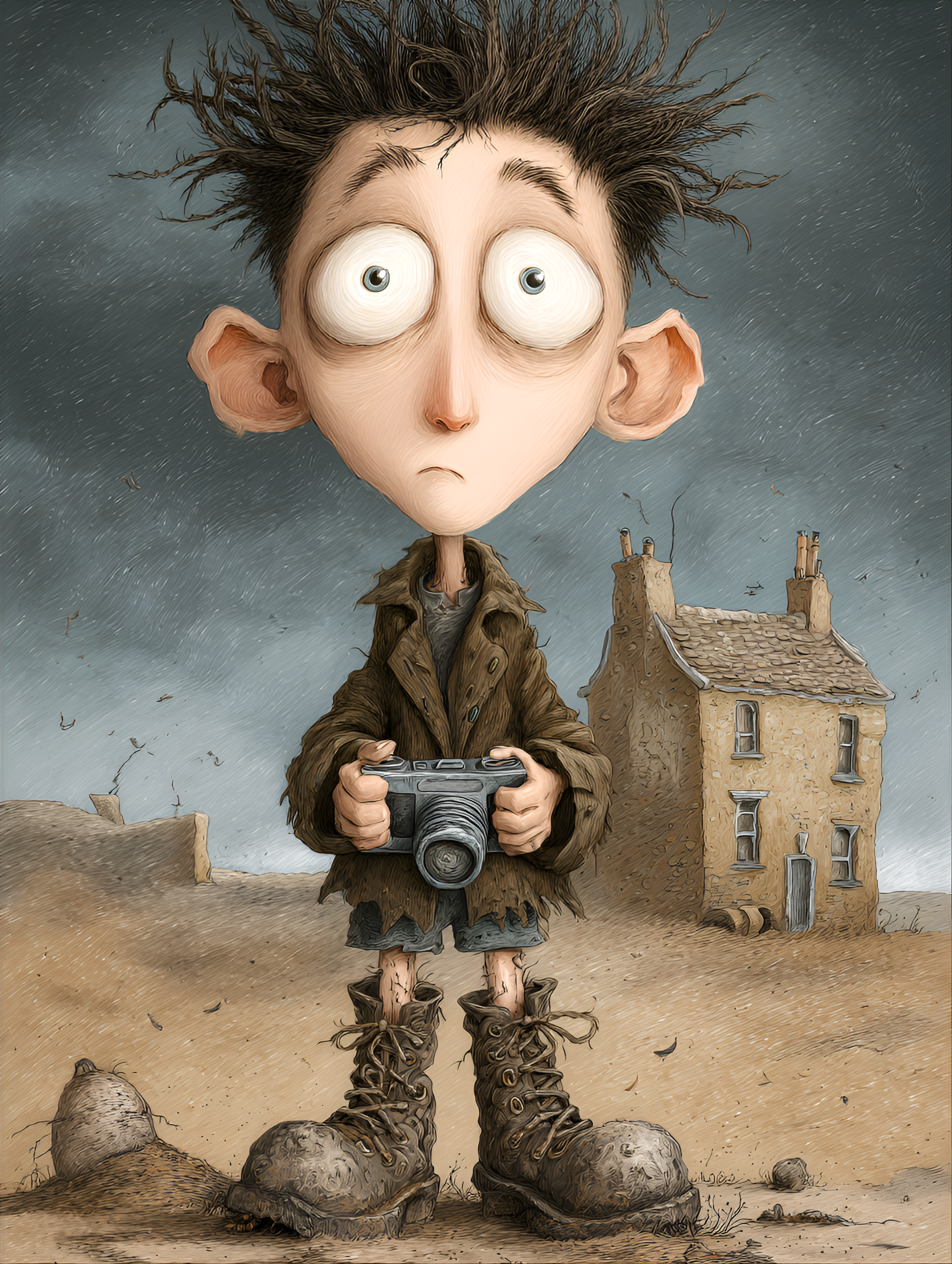 Midjourney prompt: funny caricature, haunted young boy caricature, young caucasian male, 10 years o...