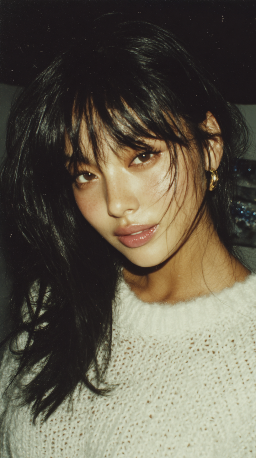 Midjourney Papercut prompt: Photograph of an Asian woman with long hair, bangs, and a white sweater, medium-...