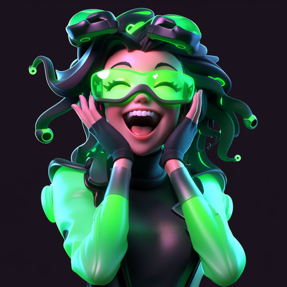 Midjourney prompt: a 3D cybergirl, laughing, her hands on her hips, glasses on eyes, high detalised...