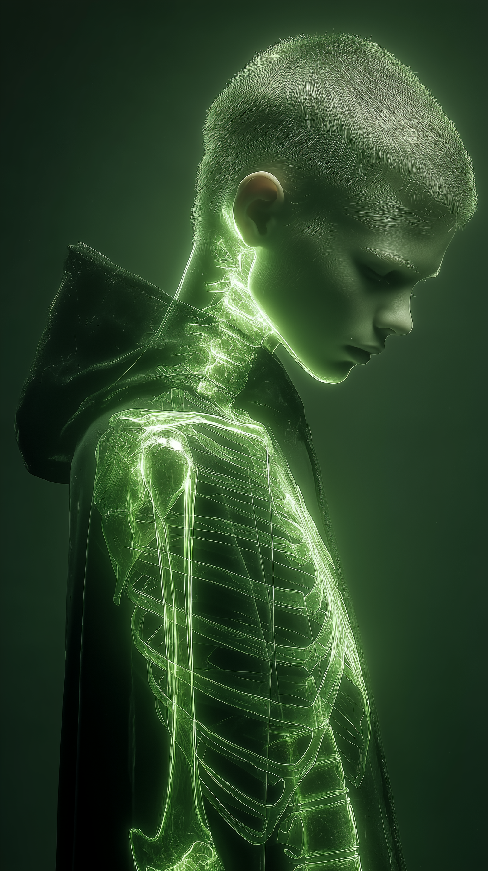Midjourney prompt: surrealism photo, x-ray, portrait, boy humanoid, upper-body, transparent skin re...