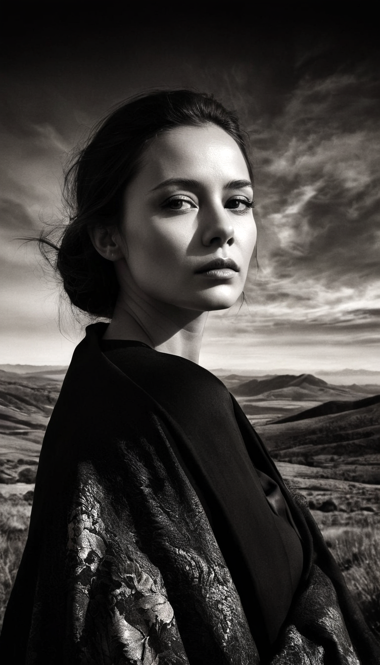 Stable Diffusion prompt: black and white photography, fashion editorial, a portrait of beautiful darkhair...