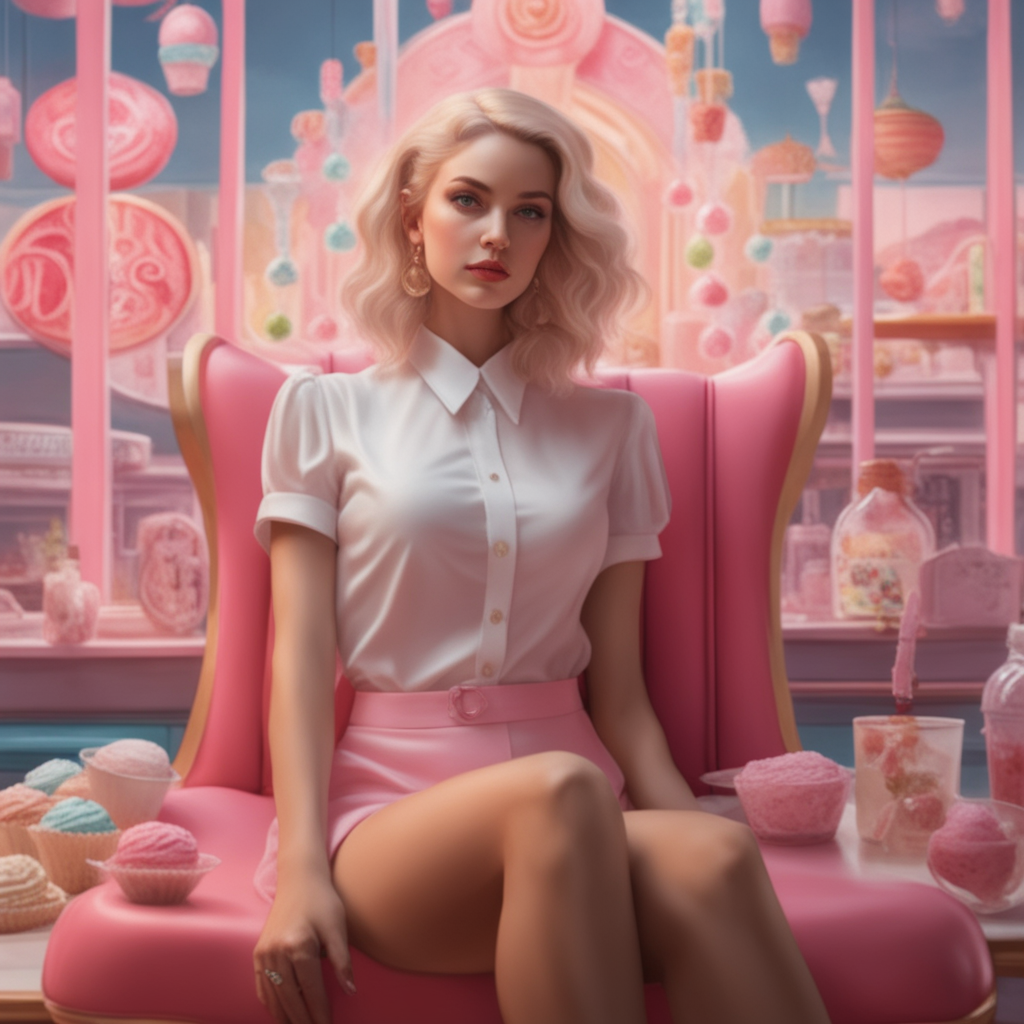 Deliberate prompt: blond woman sitting on a pink chair in a pink ice cream parlor, sydney sweeney, ...
