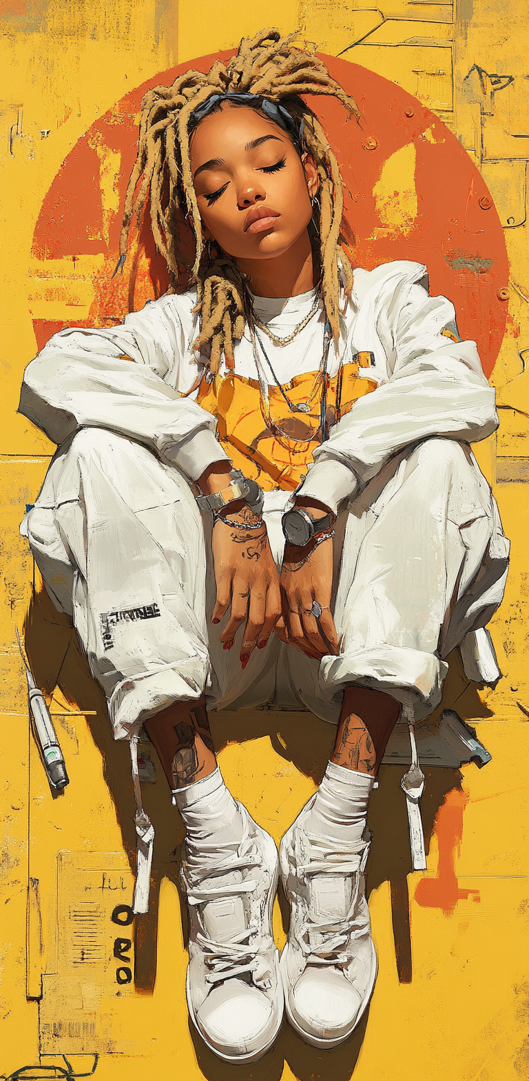 Midjourney Papercut prompt: full-body of a beautiful woman with blonde dreadlocks in the style of Frank Mill...