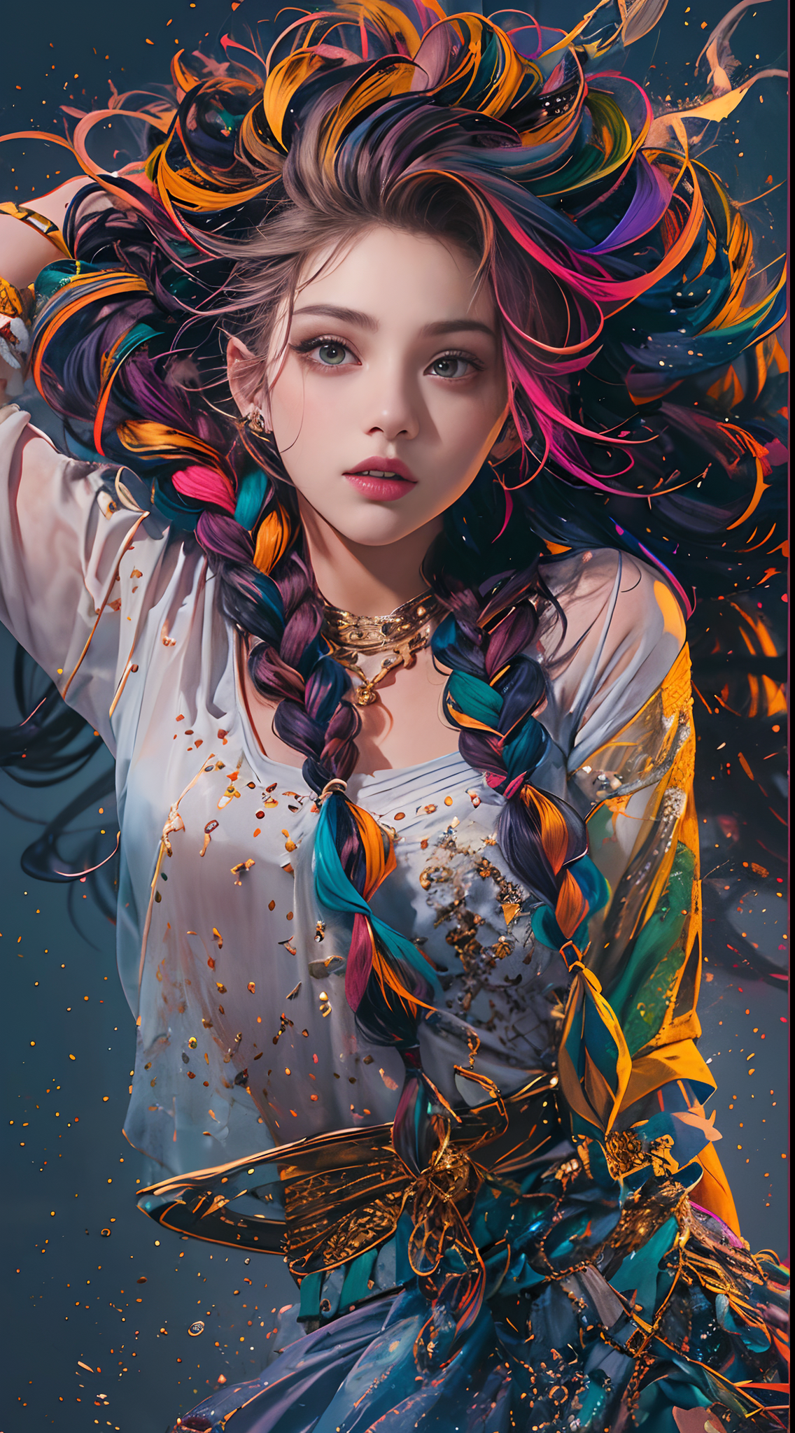 Stable Diffusion prompt: (full body:1.2), (Smokexxx:1.4), 1girl with really wild hair, (wavy multicolor h...