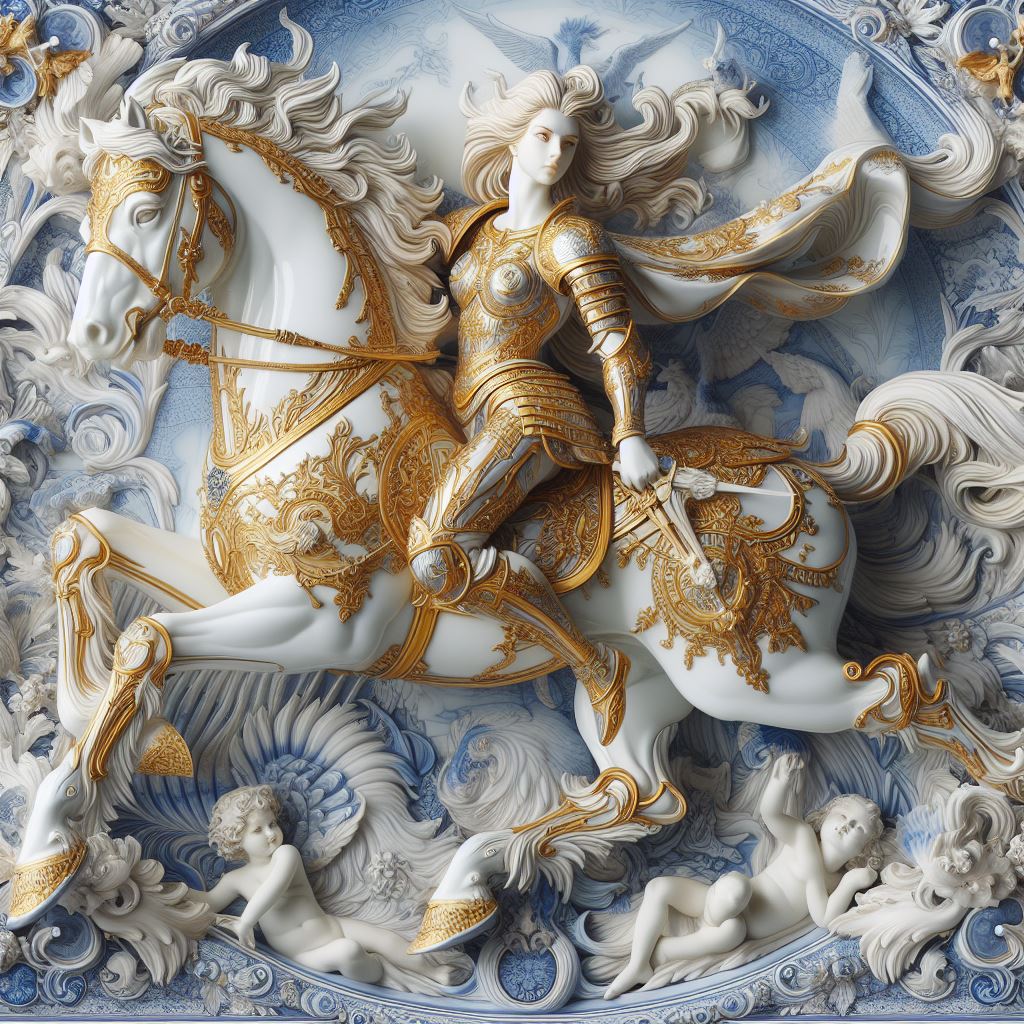DALL·E prompt: a woman in golden armor riding a horse made out of porcelain, in the style of ba...