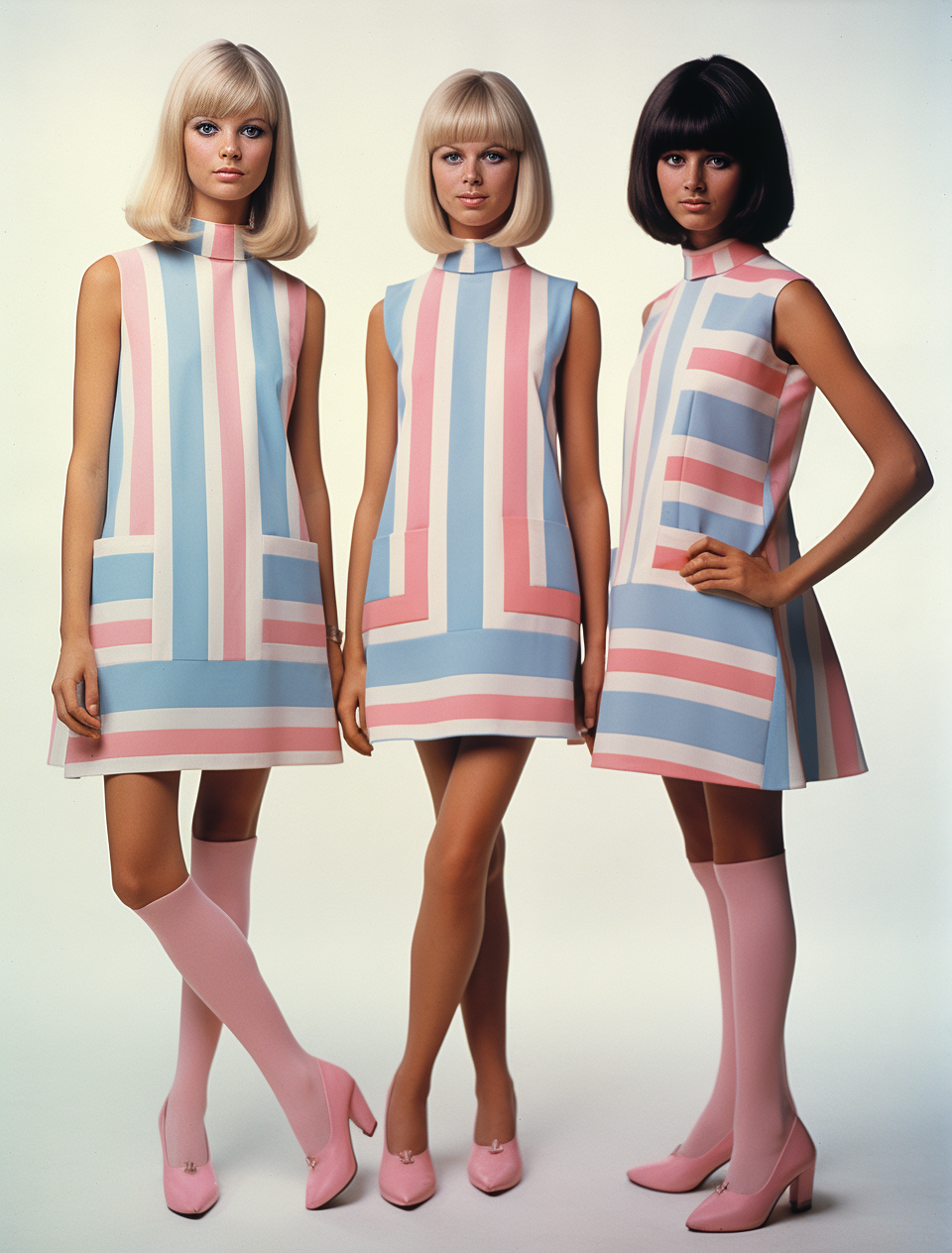 Midjourney prompt: A vintage fashion magazine page featuring three women wearing simple blue and pi...
