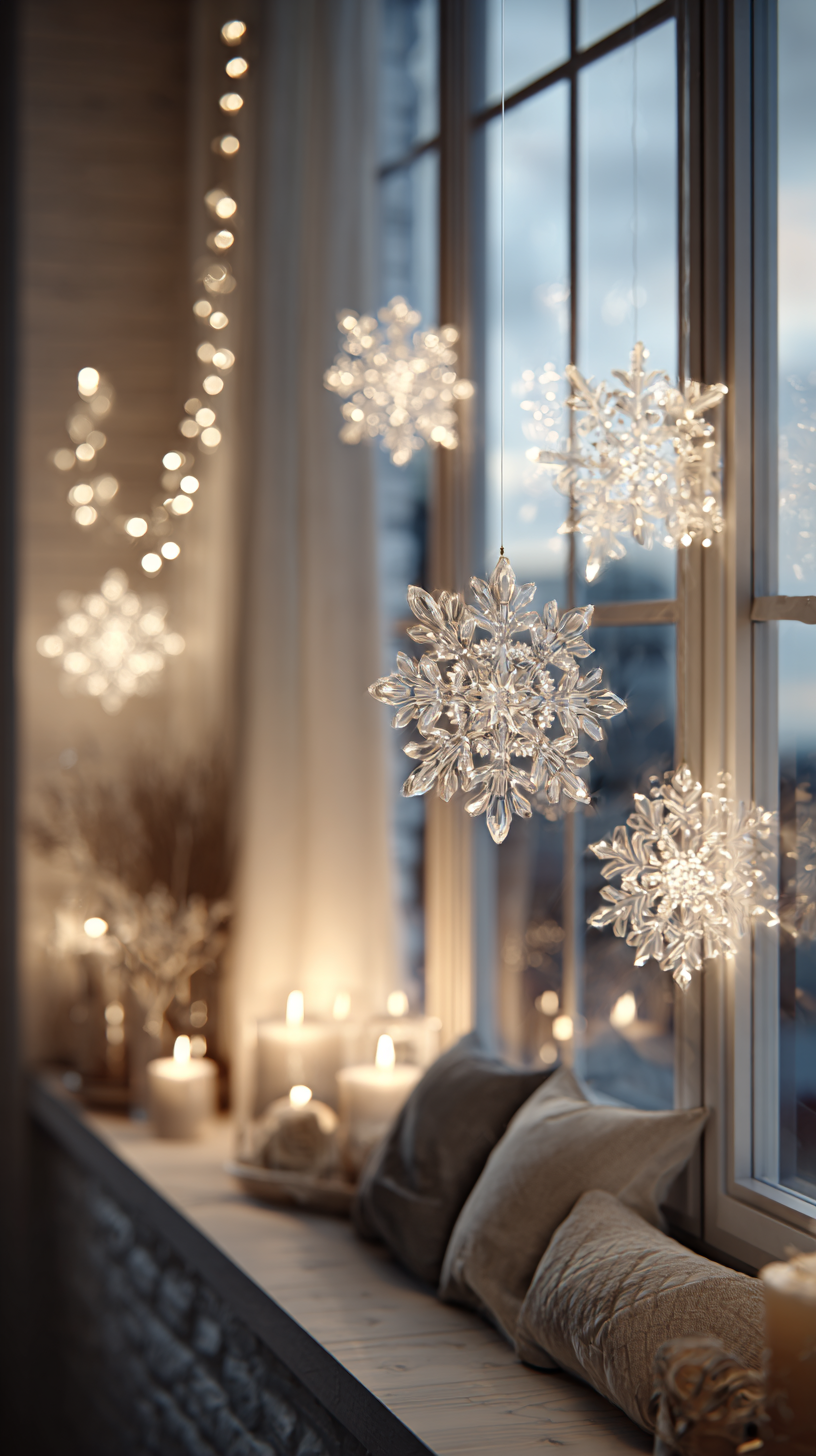 Midjourney prompt: home, cozy year-end decor scene, window decals snowflakes, styled with sage and ...