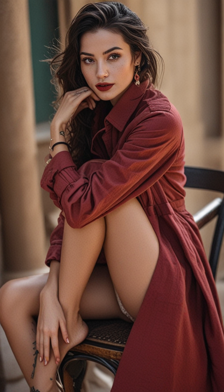 Juggernaut XL prompt: Woman seated on chair, wearing long red dress with high slit, left leg bent on s...