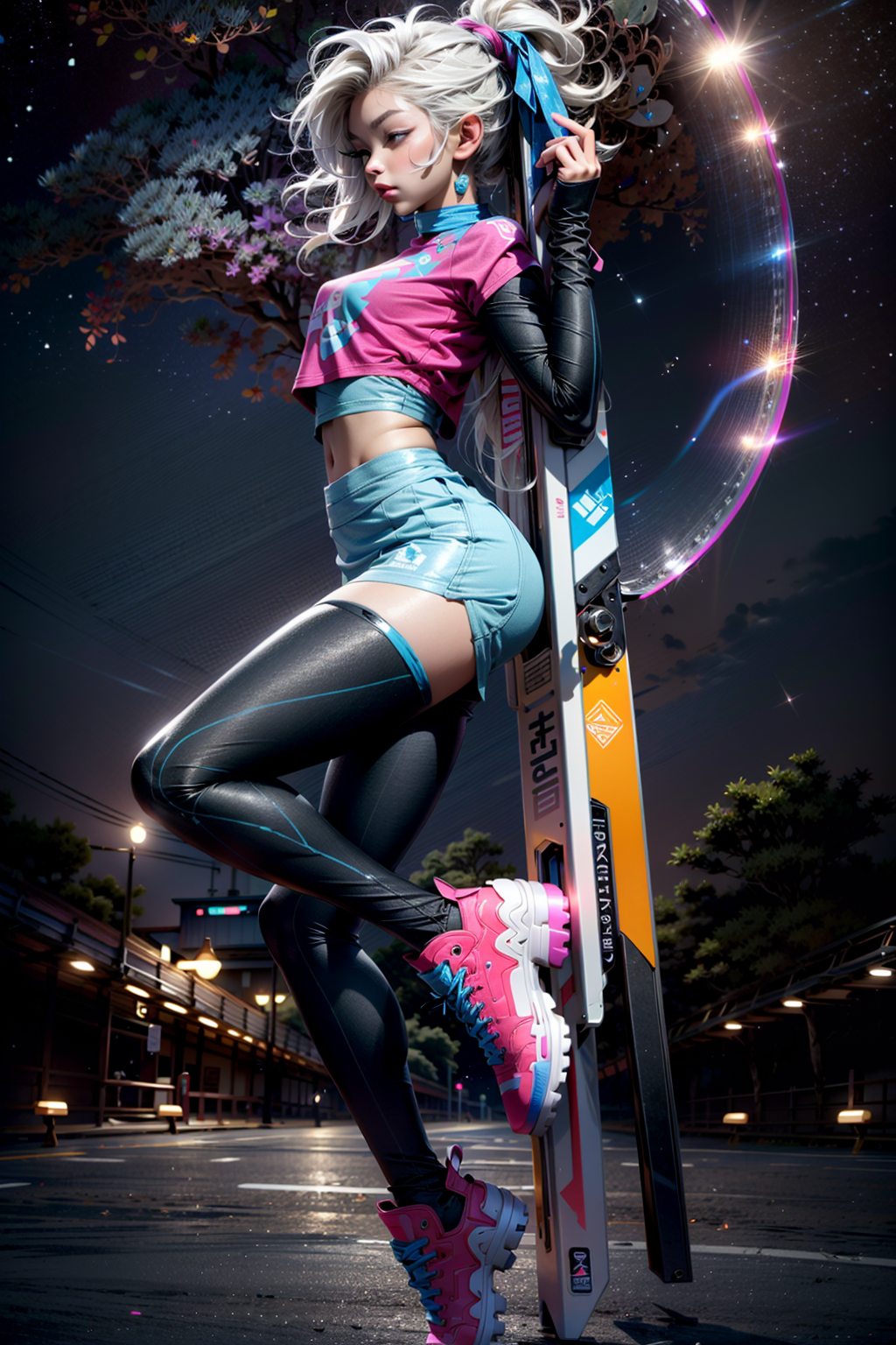schoolmax 2.5d prompt: blacklight, (beautiful young Korean woman, with white hair in a braided ponytail...