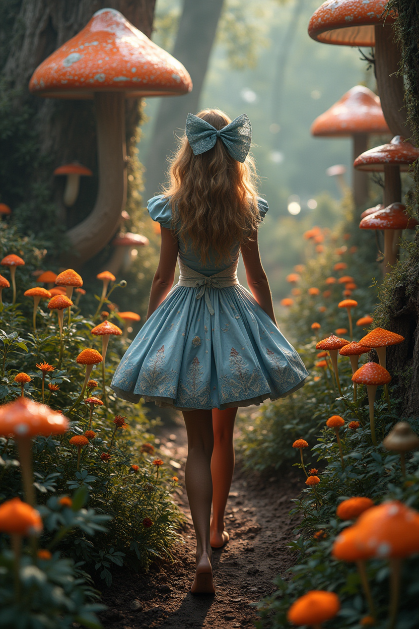 FLUX prompt: Alice in Wonderland, walking throught a surealism Wonderland with giant mushroom...