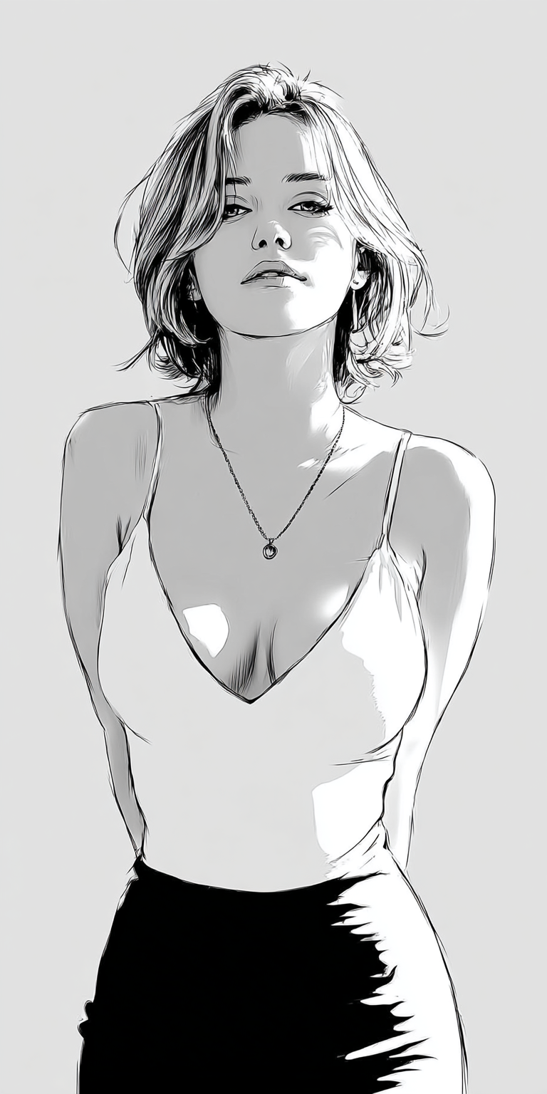 Midjourney prompt: minimalist, very basic, simplified continuous line drawing of a woman, in the st...