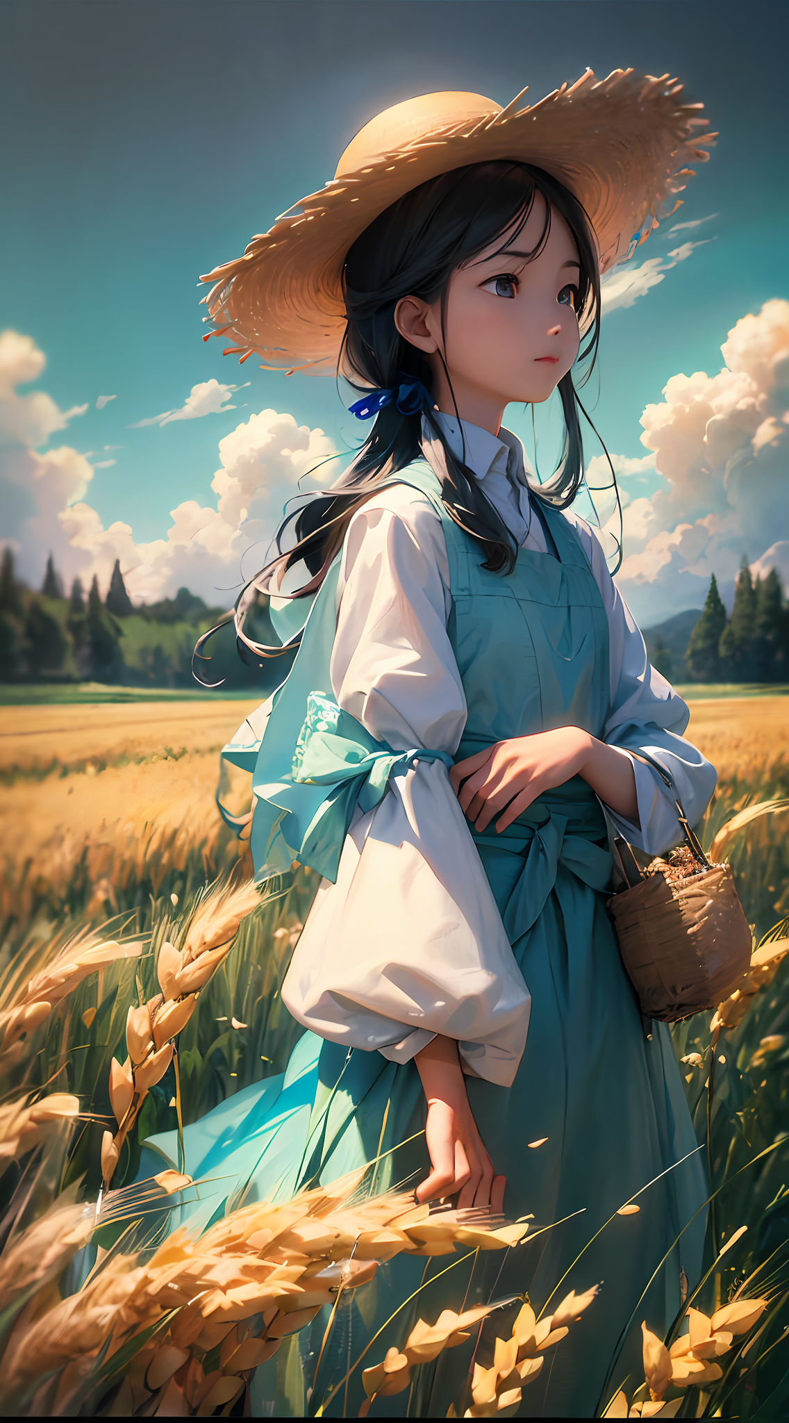 Deliberate prompt: Wheat field, a farmer uncle with a straw hat standing in a wheat field, big clou...