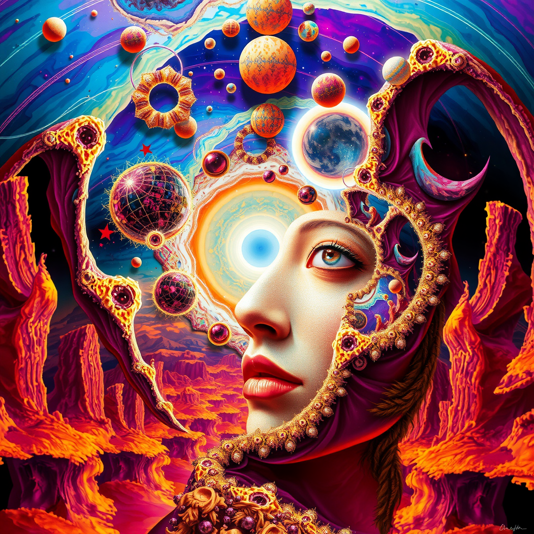FLUX prompt: LSD hallucination, Fluorescent vortex, fractal landscapes, melting faces, distor...