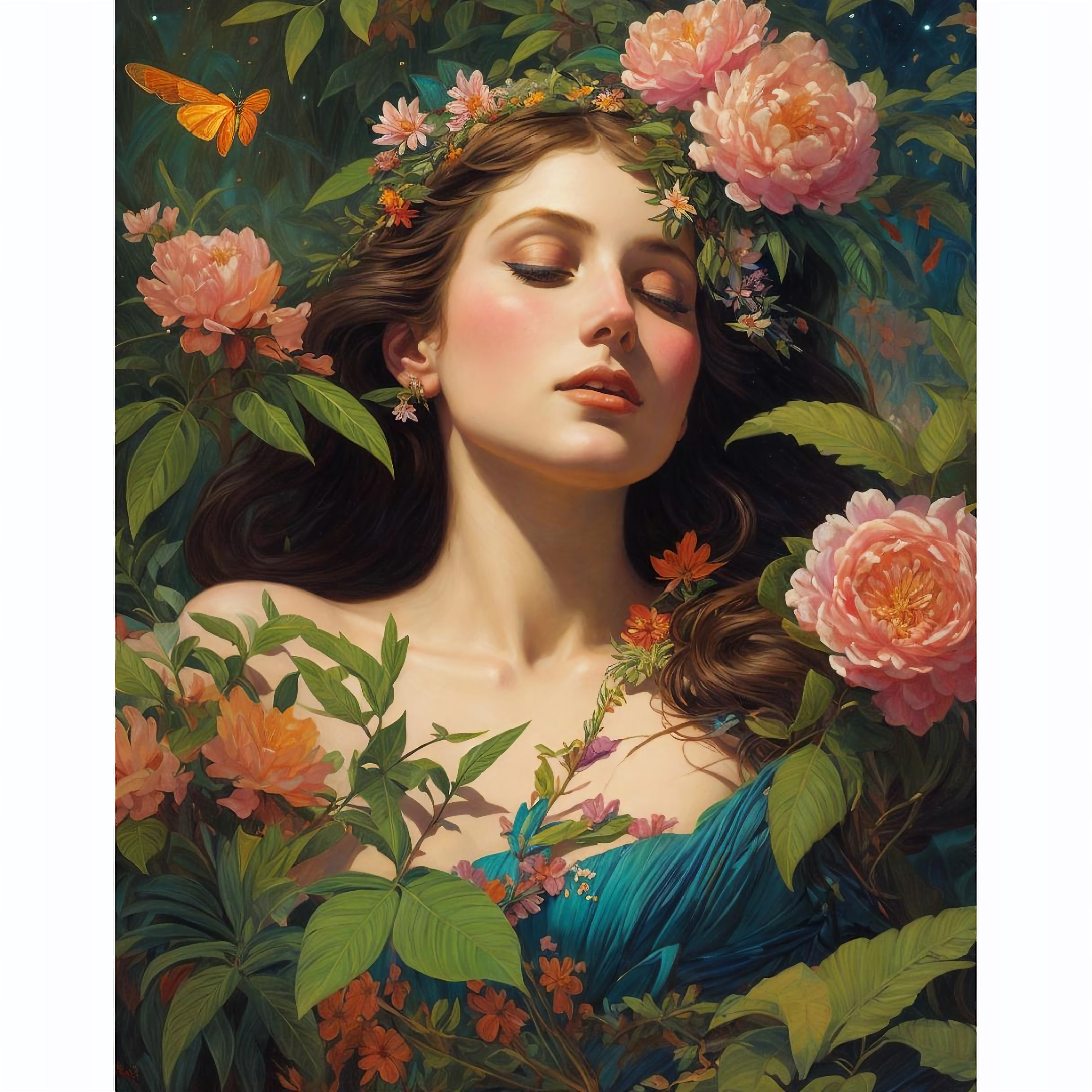 Stable Diffusion prompt: painting of woman with body covered by plant and flowers, vibrant colors, night,...