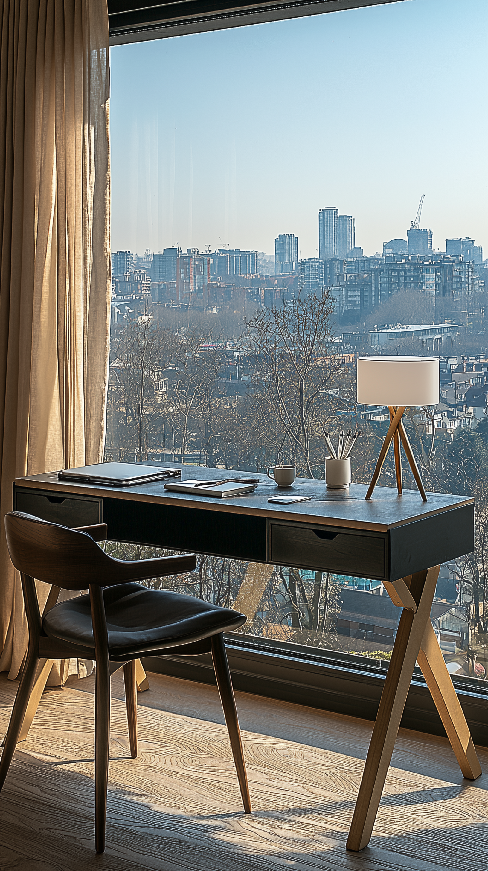 Midjourney prompt: photography, minimalist home office, large window with sheer beige curtains filt...