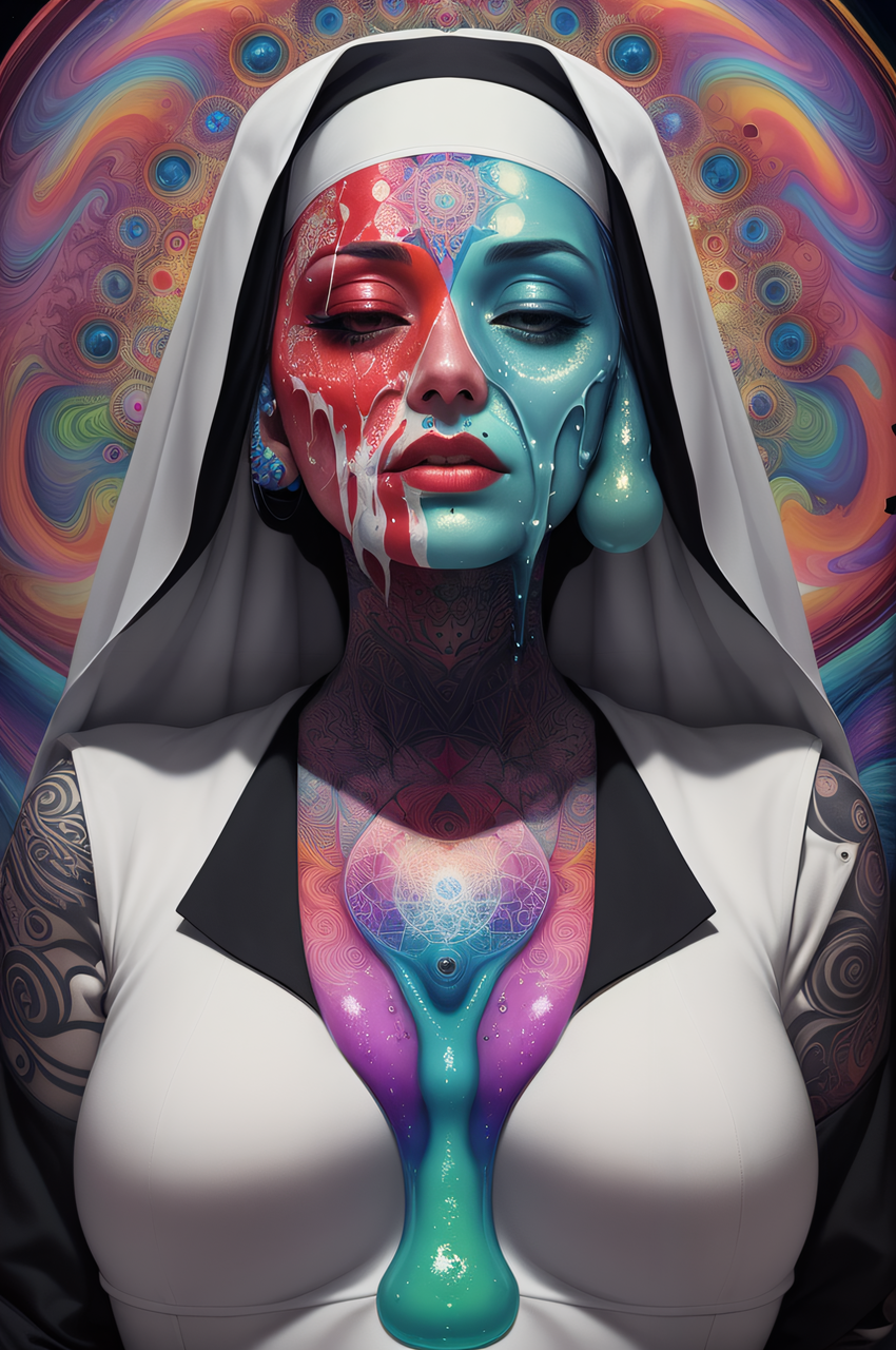 DreamShaper prompt: Aunt, (melting skin), sacred geometry, surreal futurism, Shamanic Tattoos, ((psy...