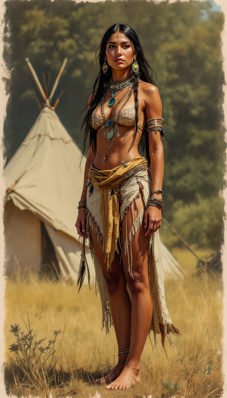 FLUX prompt: Full body view of A half colored draw of a real beautiful native american indian...