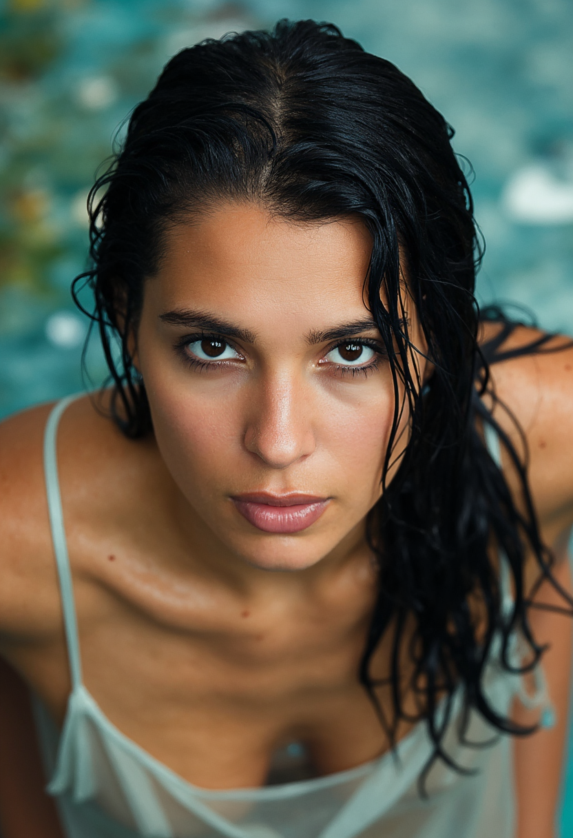 FLUX prompt: Create a professional photograph from above of a woman with wet dark hair, sugge...