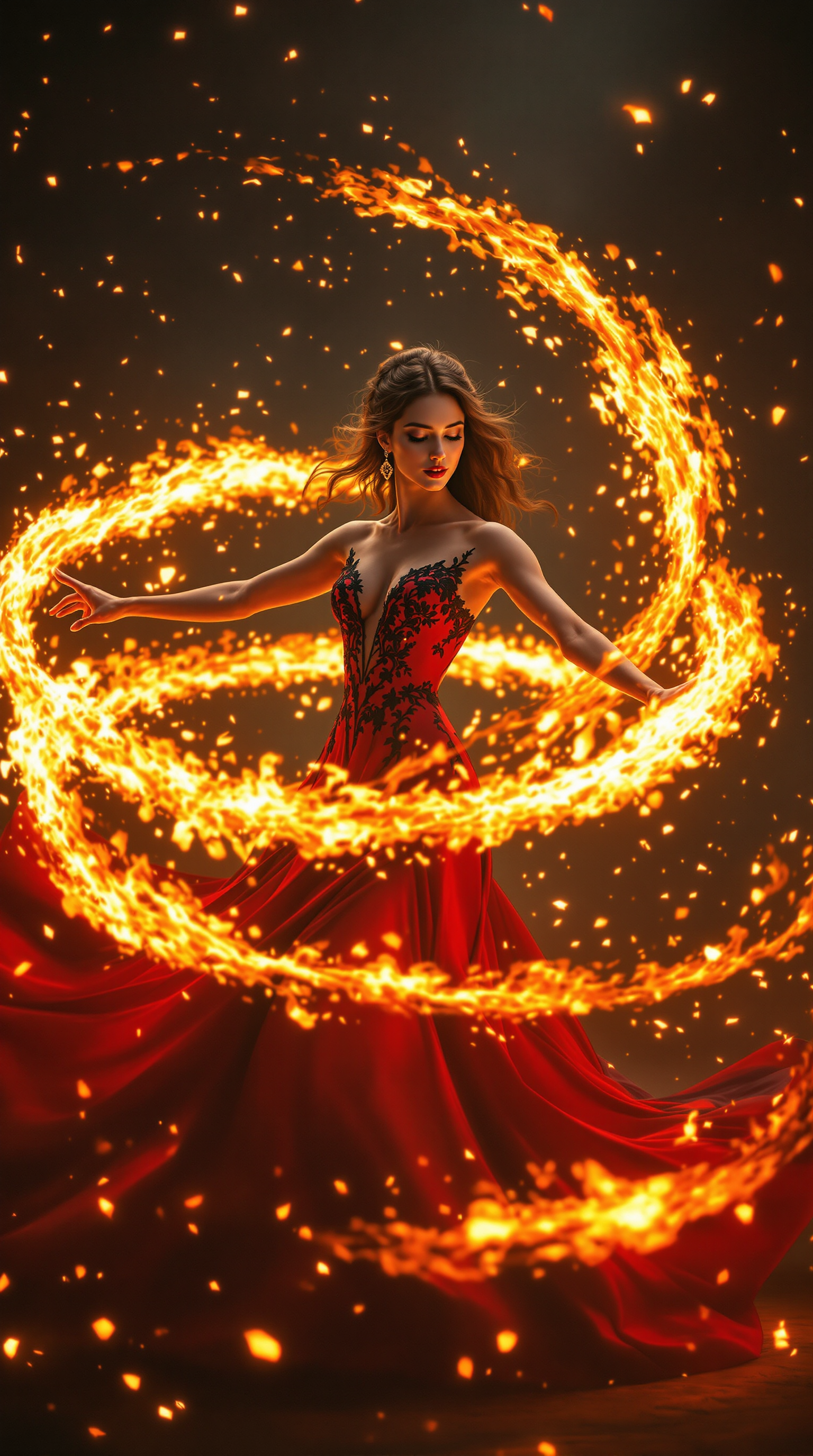 FLUX prompt: A mesmerizing and dramatic scene of a woman dancing amidst swirling flames, her ...