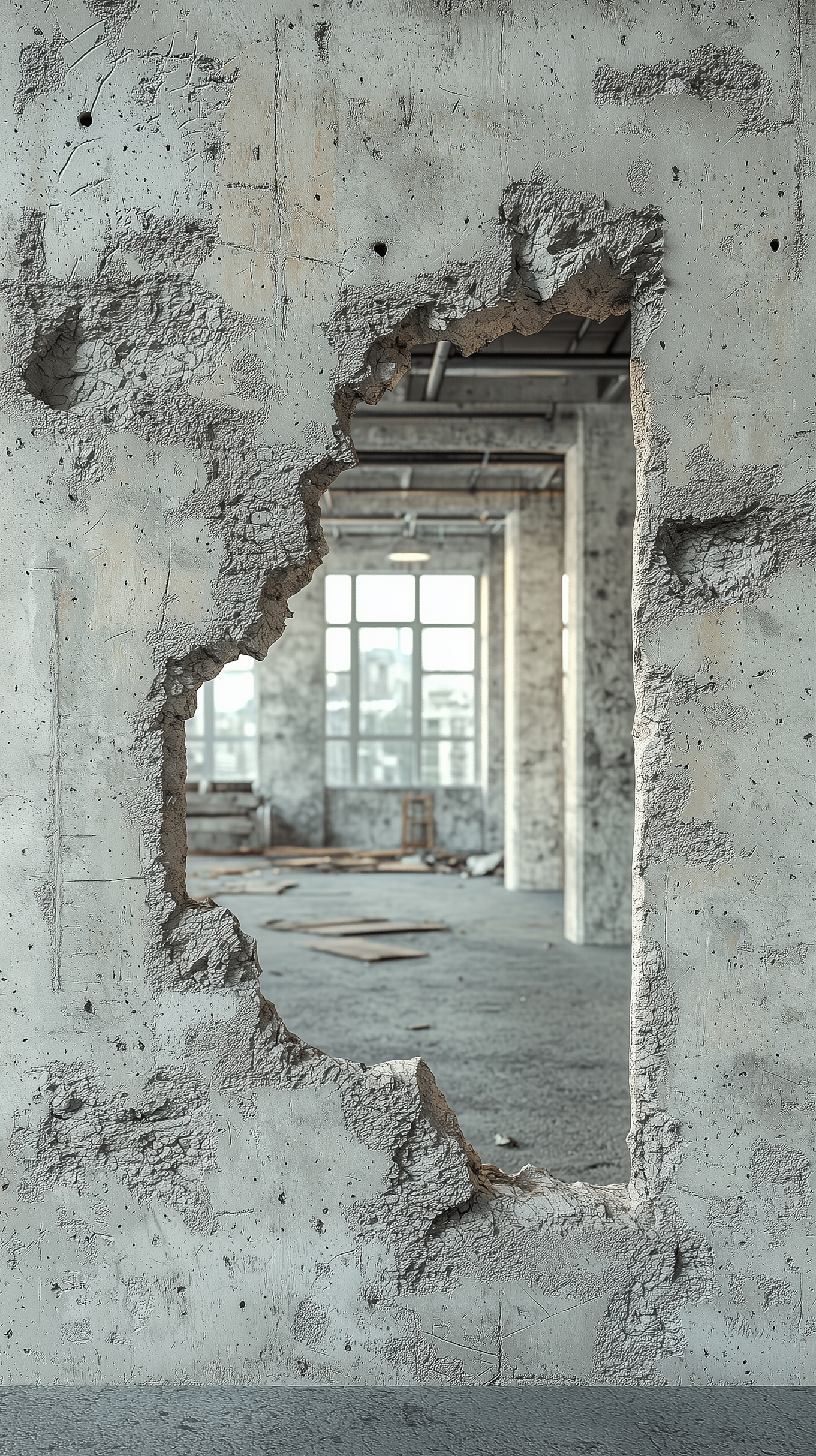 Midjourney prompt: photography, realistic interior scene featuring a rough, unfinished wall with a ...