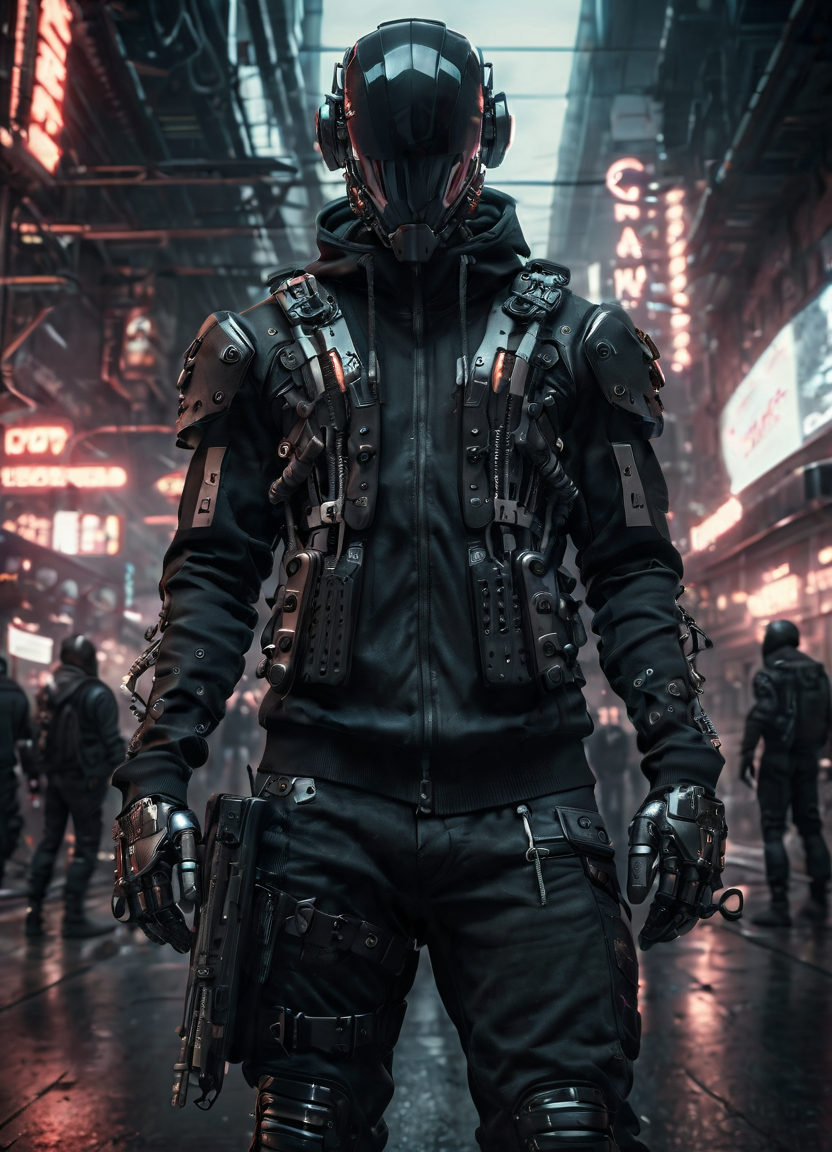 Stable Diffusion prompt: Masterpiece, full-body shot, intricate raw photography. Cyberpunk, realistic, hi...
