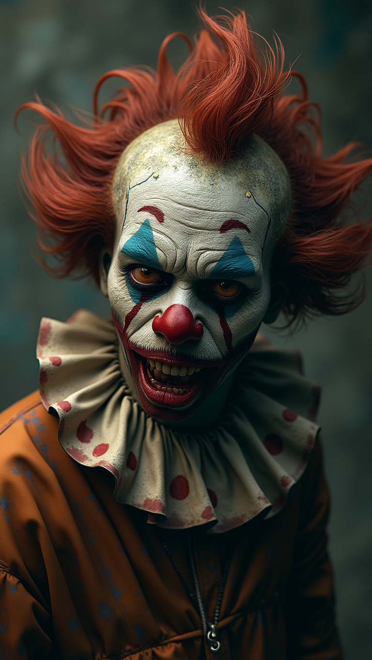 FLUX prompt: ,zombieclown , uhd photorealisitc authentic psychotic angry madman wearing ornat...